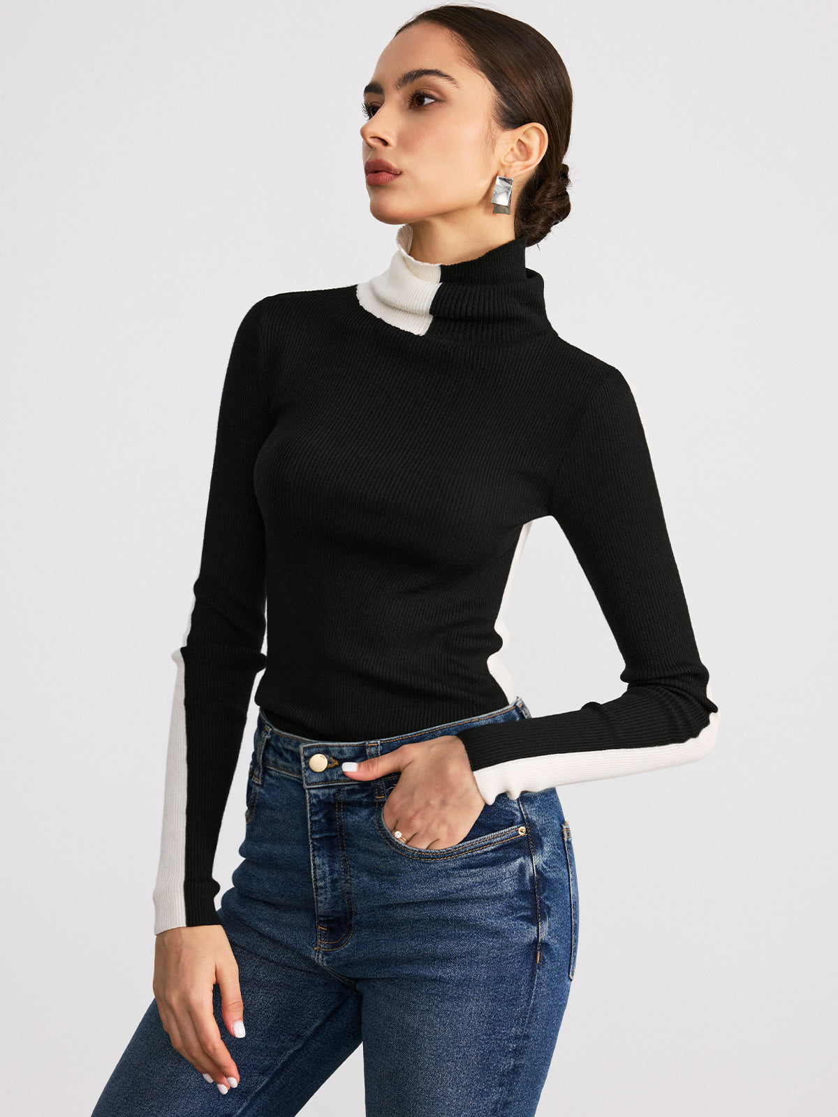 Color-Block Turtleneck Ribbed Knit Top for Women, Stylish Fall Winter Fashion