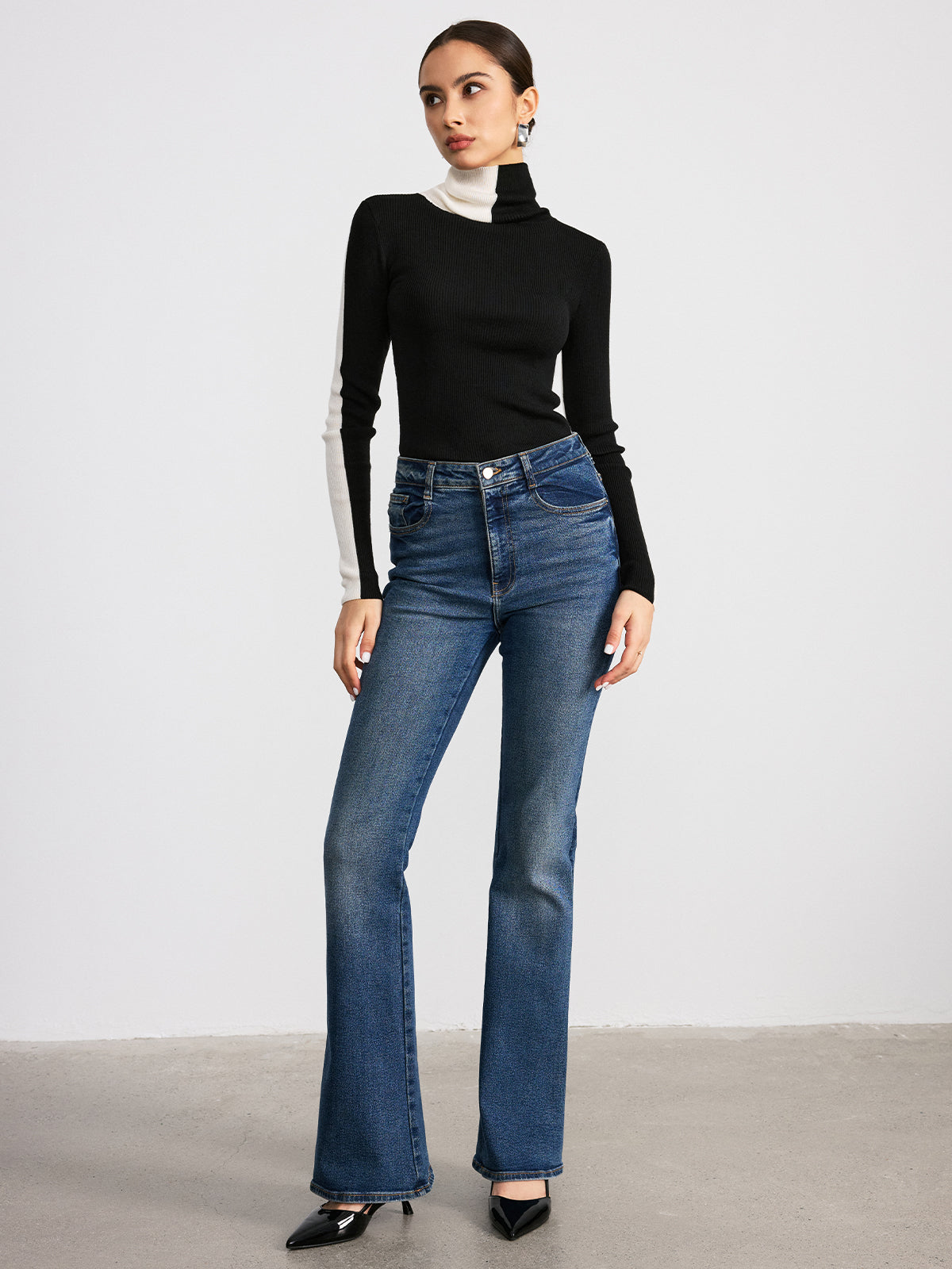 Color-Block Turtleneck Ribbed Knit Top for Women, Stylish Fall Winter Fashion