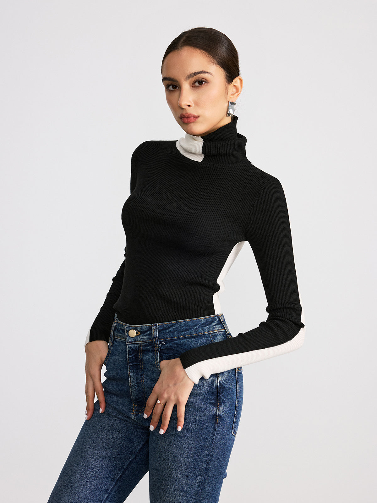 Color-Block Turtleneck Ribbed Knit Top for Women, Stylish Fall Winter Fashion