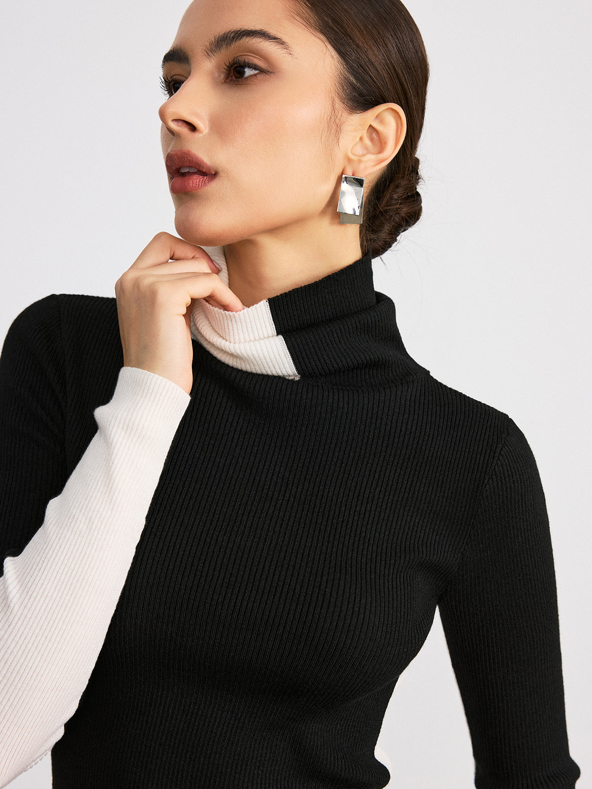 Color-Block Turtleneck Ribbed Knit Top for Women, Stylish Fall Winter Fashion