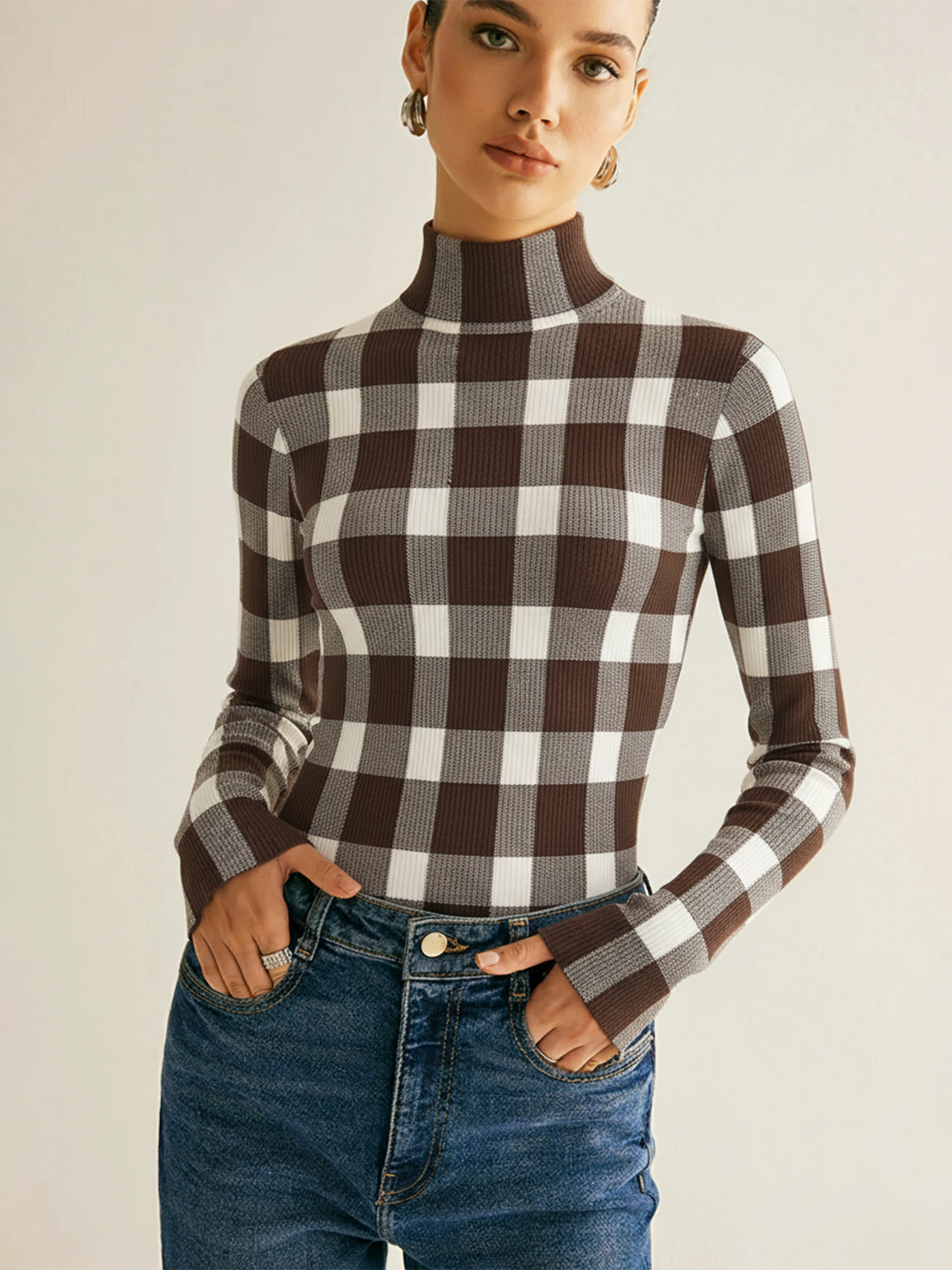 Checkered Wool-Blend Mock Neck Knit Top Cozy Winter Sweater Fashion