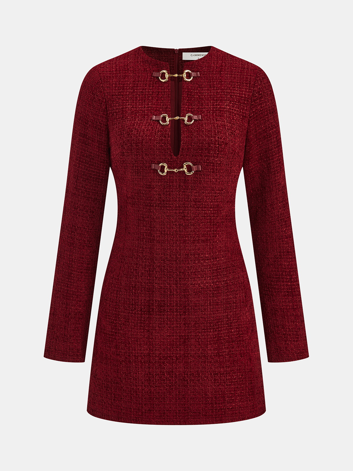 Metal Buckle Tweed Mini Dress with Elegant Short Sleeve Design