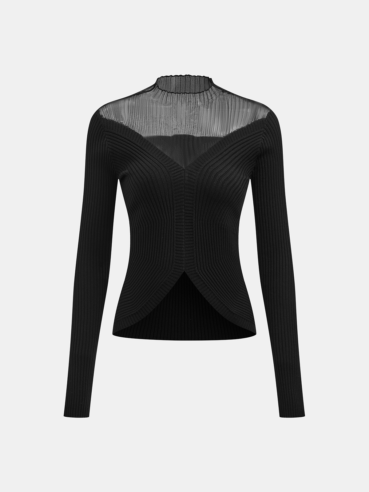 Mesh Panel Wool Blend Mock Neck Top - Winter Essential, Long Sleeve, Soft Fabric