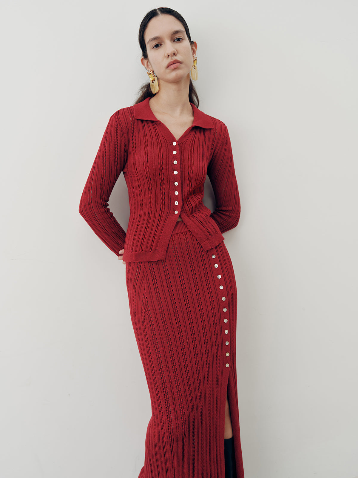 Collared Knit Top and Slit Skirt Set for Women Casual Wear