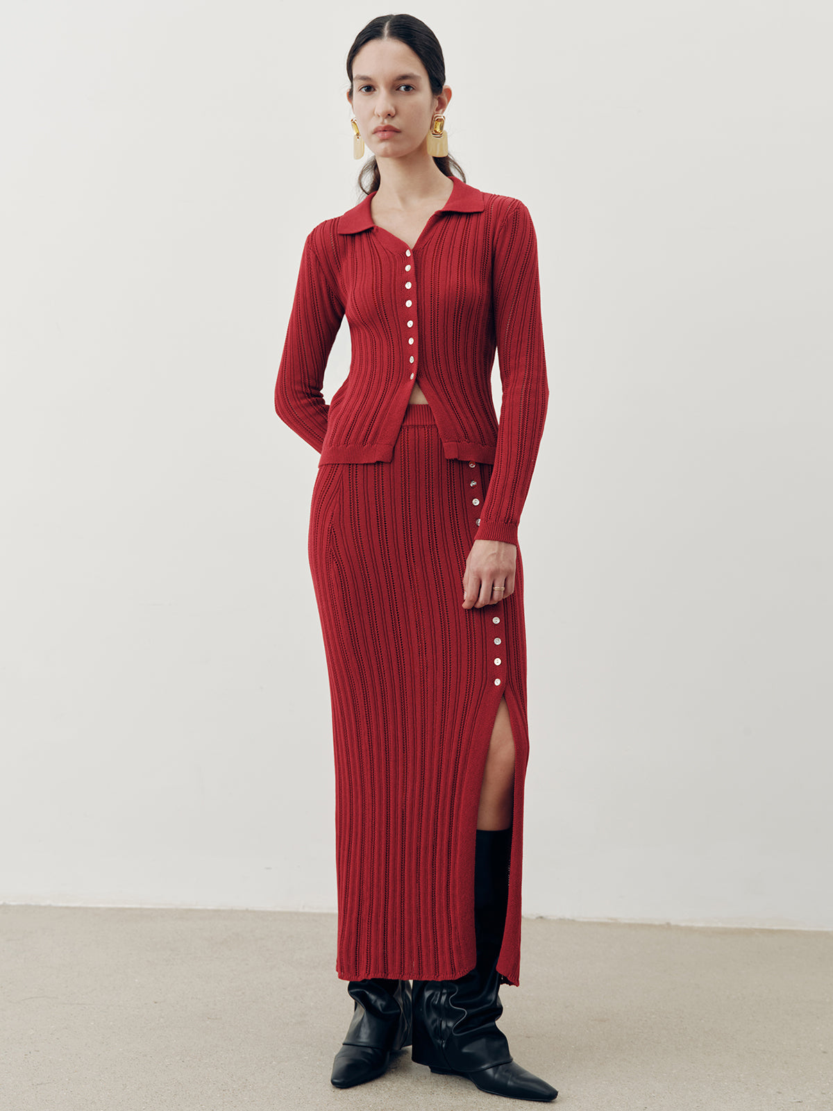Collared Knit Top and Slit Skirt Set for Women Casual Wear