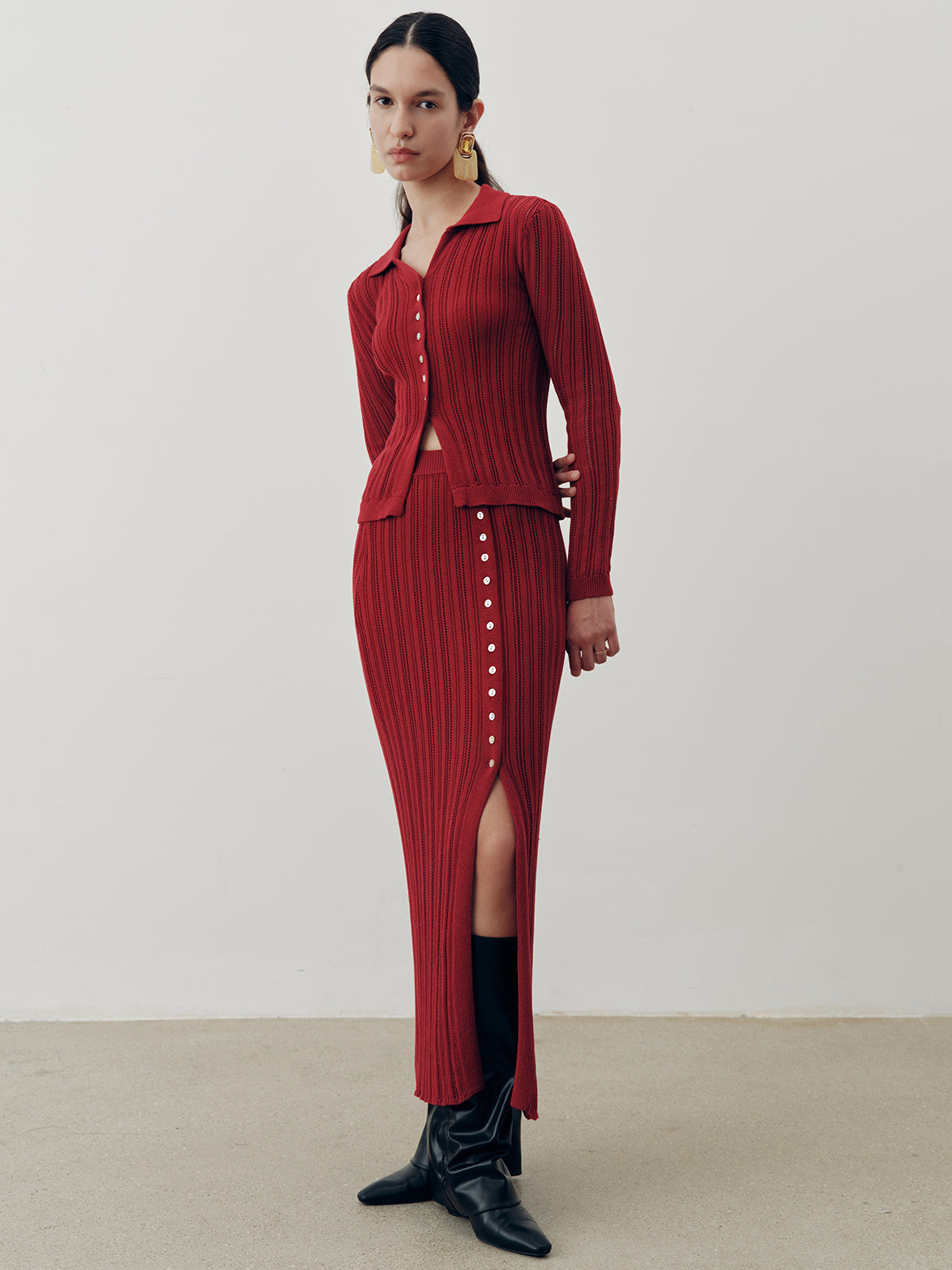 Collared Knit Top and Slit Skirt Set for Women Casual Wear