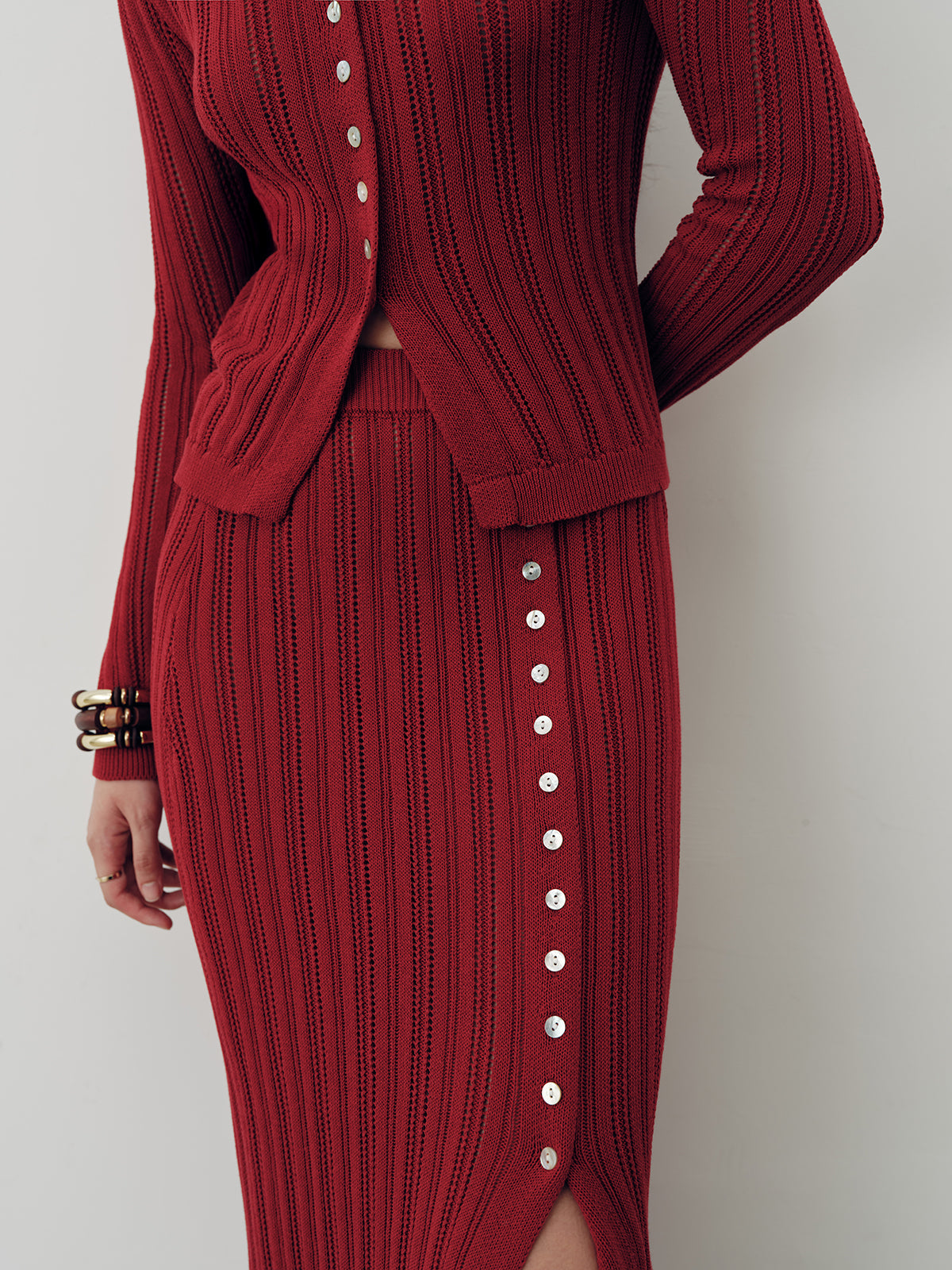 Collared Knit Top and Slit Skirt Set for Women Casual Wear
