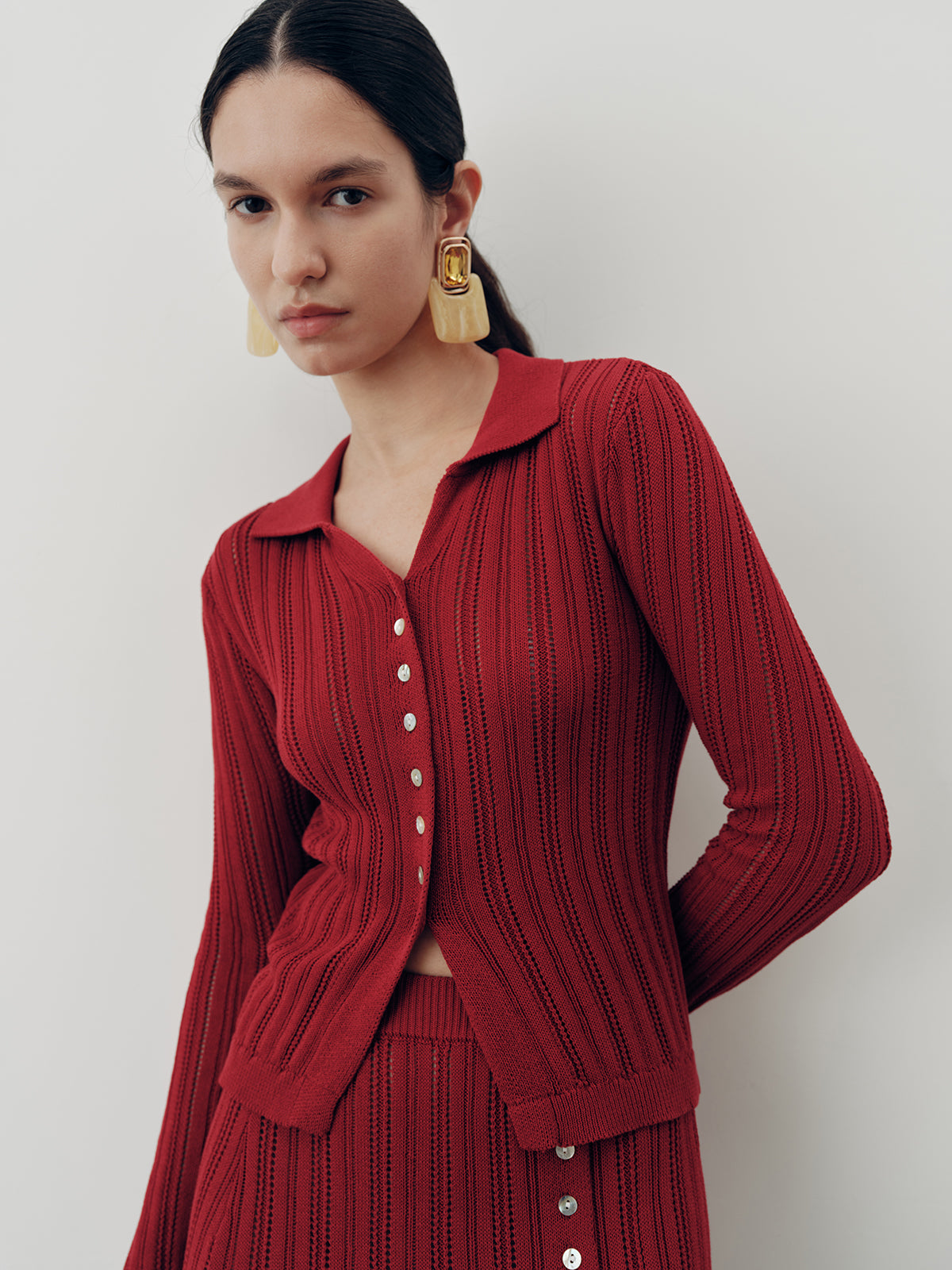 Collared Knit Top and Slit Skirt Set for Women Casual Wear