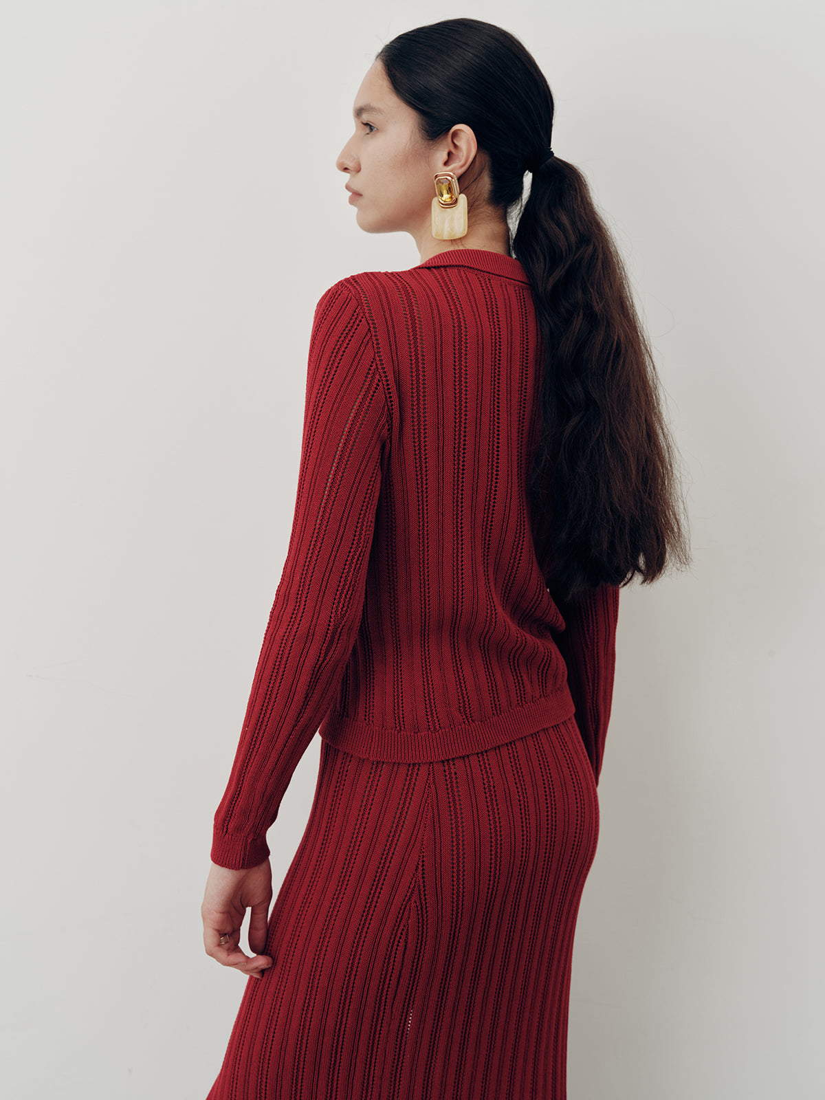 Collared Knit Top and Slit Skirt Set for Women Casual Wear