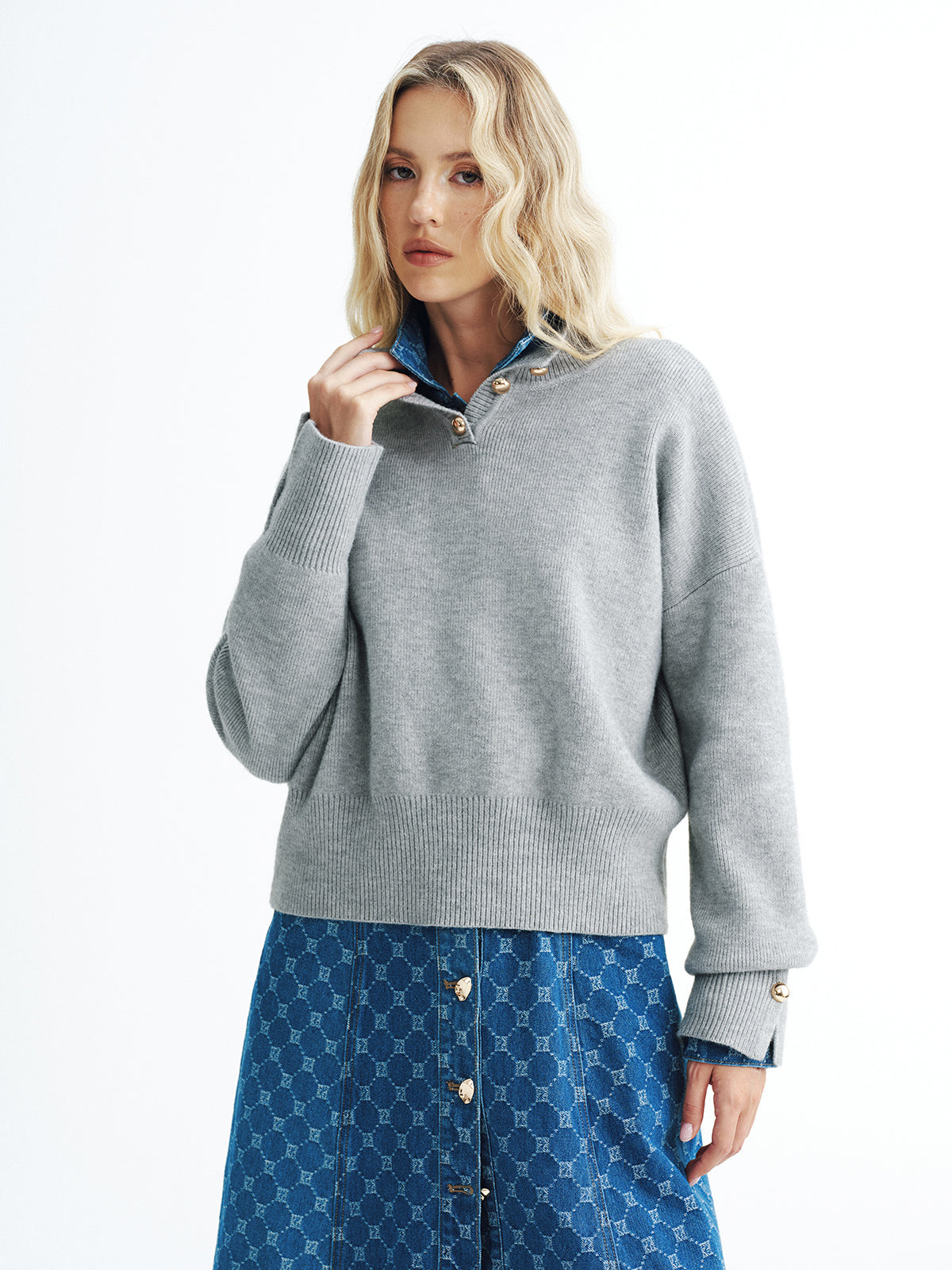 Button Detail Stand Collar Casual Sweater - Modern Chic Knitwear Comfortable Fit