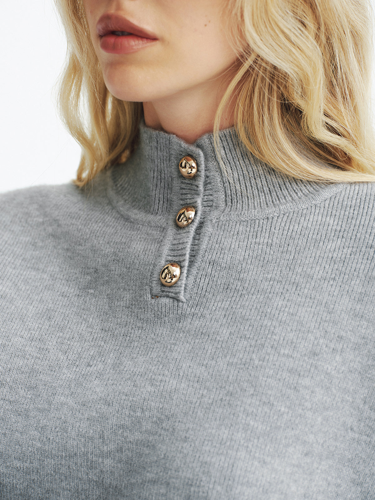 Button Detail Stand Collar Casual Sweater - Modern Chic Knitwear Comfortable Fit