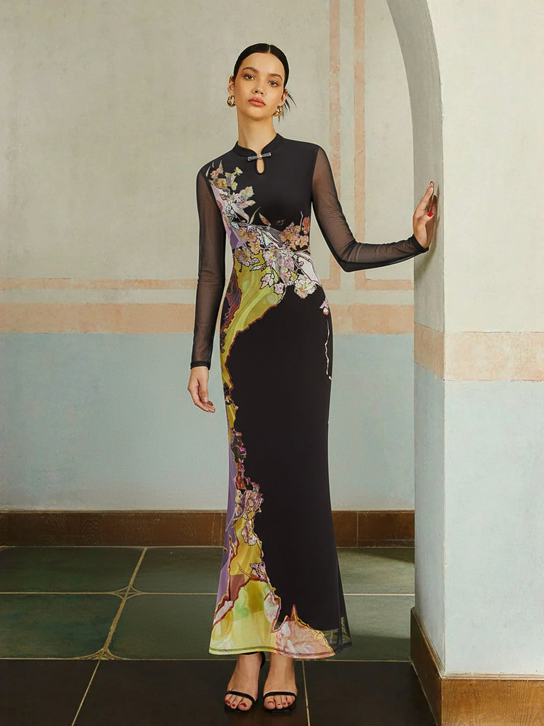 Mesh Long Sleeve Floral Print Maxi Dress for Women Casual Wear