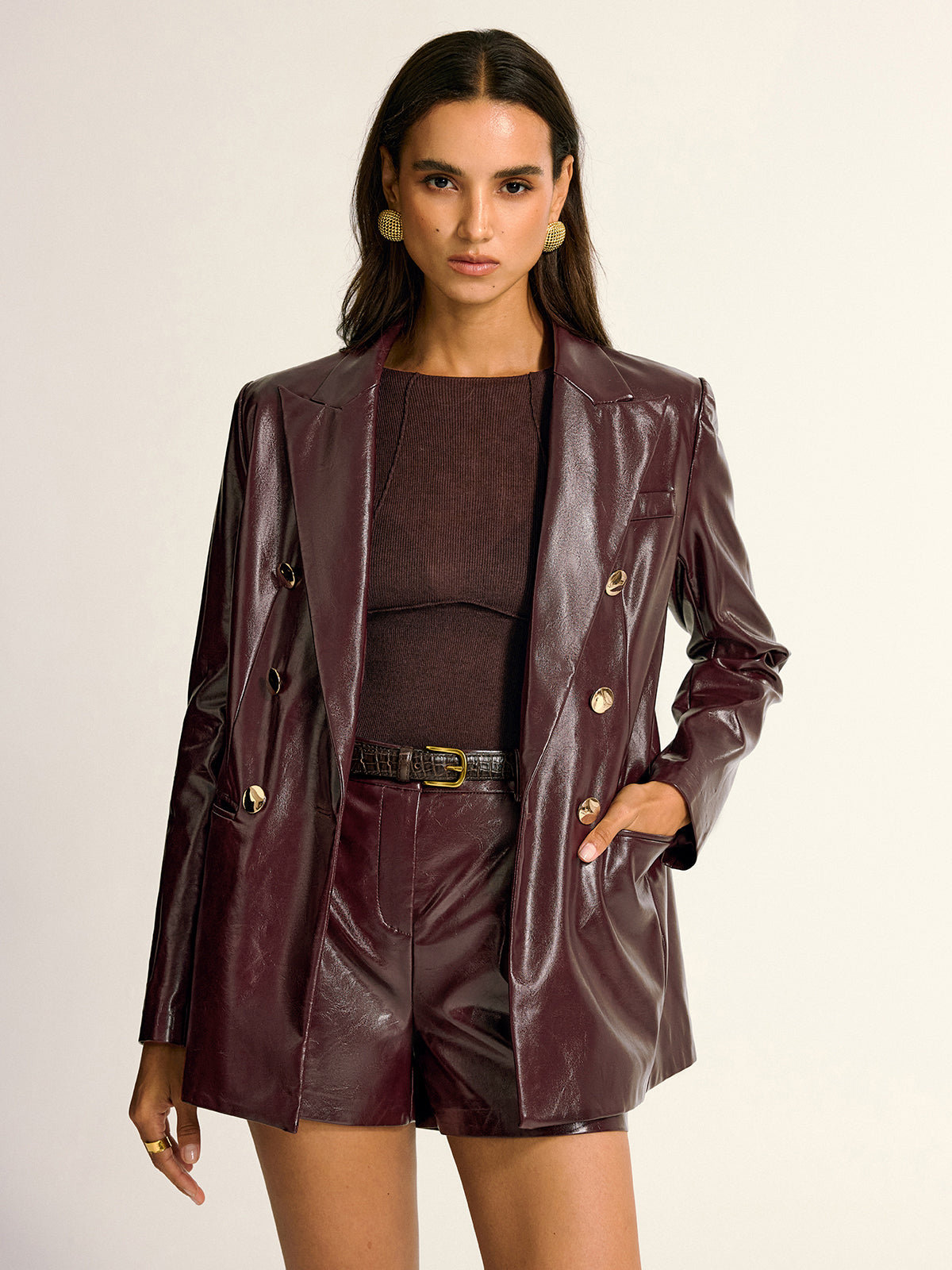PU Leather Metal Button Lapel Pocket Blazer with Stylish Modern Fit