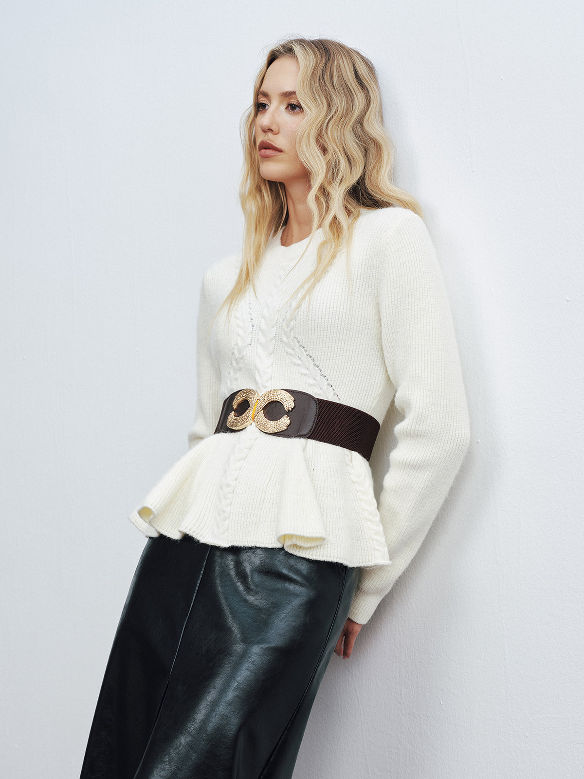 Peplum Cable-Knit Top with Wide Belt Women's Fashion Sweater