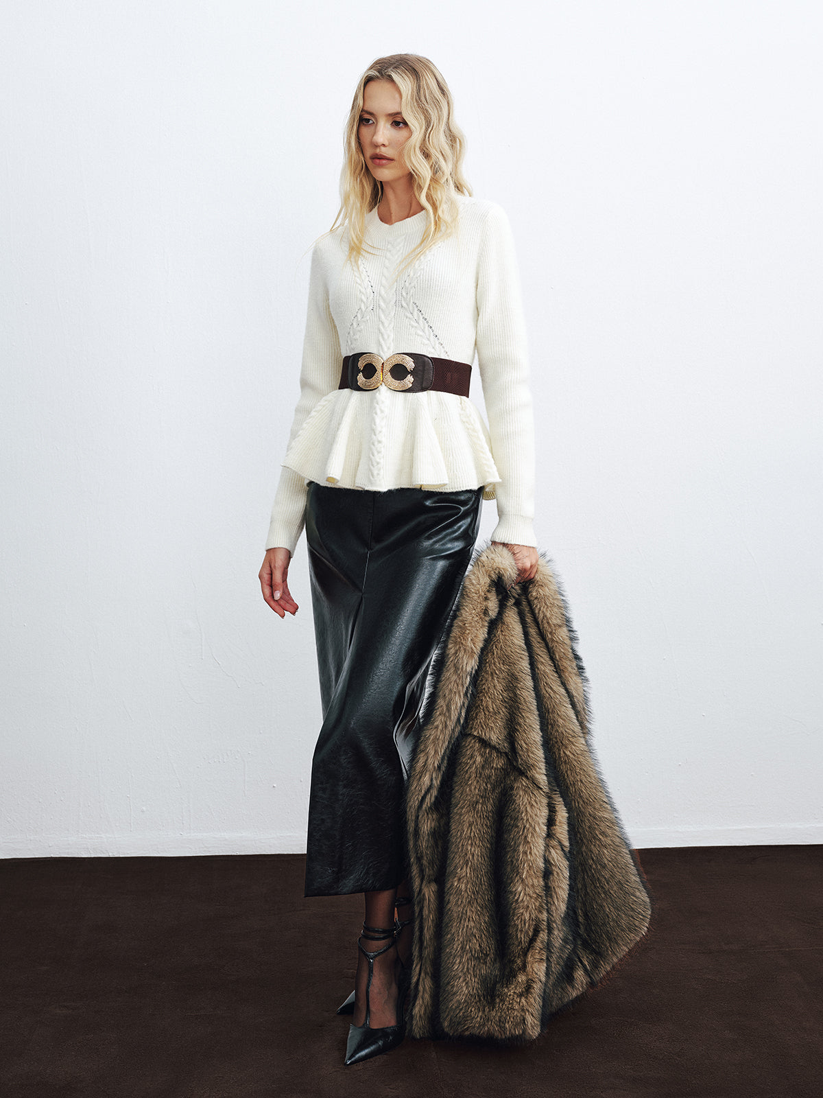 Peplum Cable-Knit Top with Wide Belt Women's Fashion Sweater