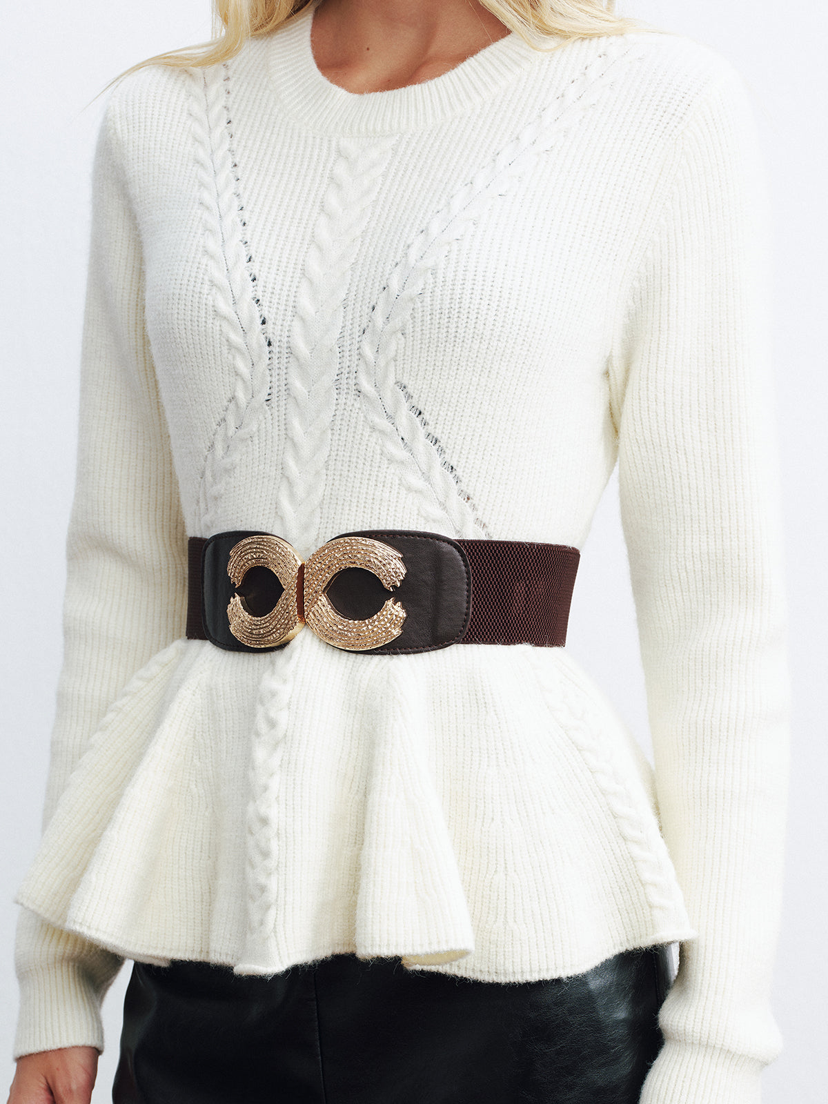 Peplum Cable-Knit Top with Wide Belt Women's Fashion Sweater