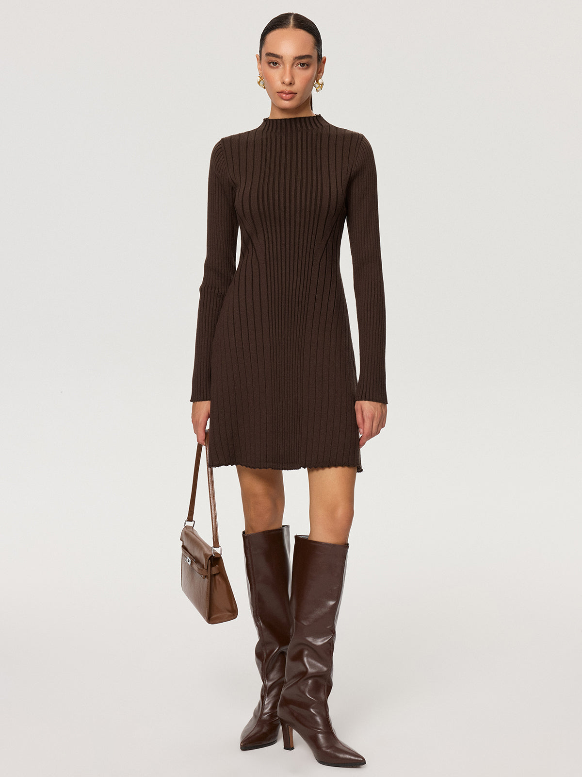 Ribbed Mock Neck Long Sleeve Knit Dress For Women Winter Comfort