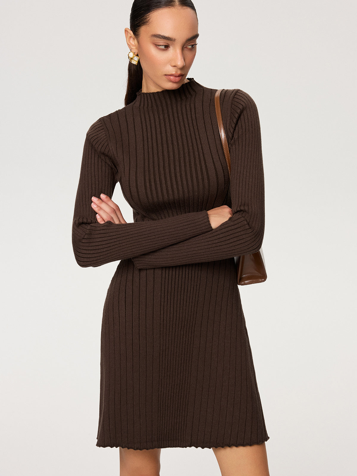 Ribbed Mock Neck Long Sleeve Knit Dress For Women Winter Comfort
