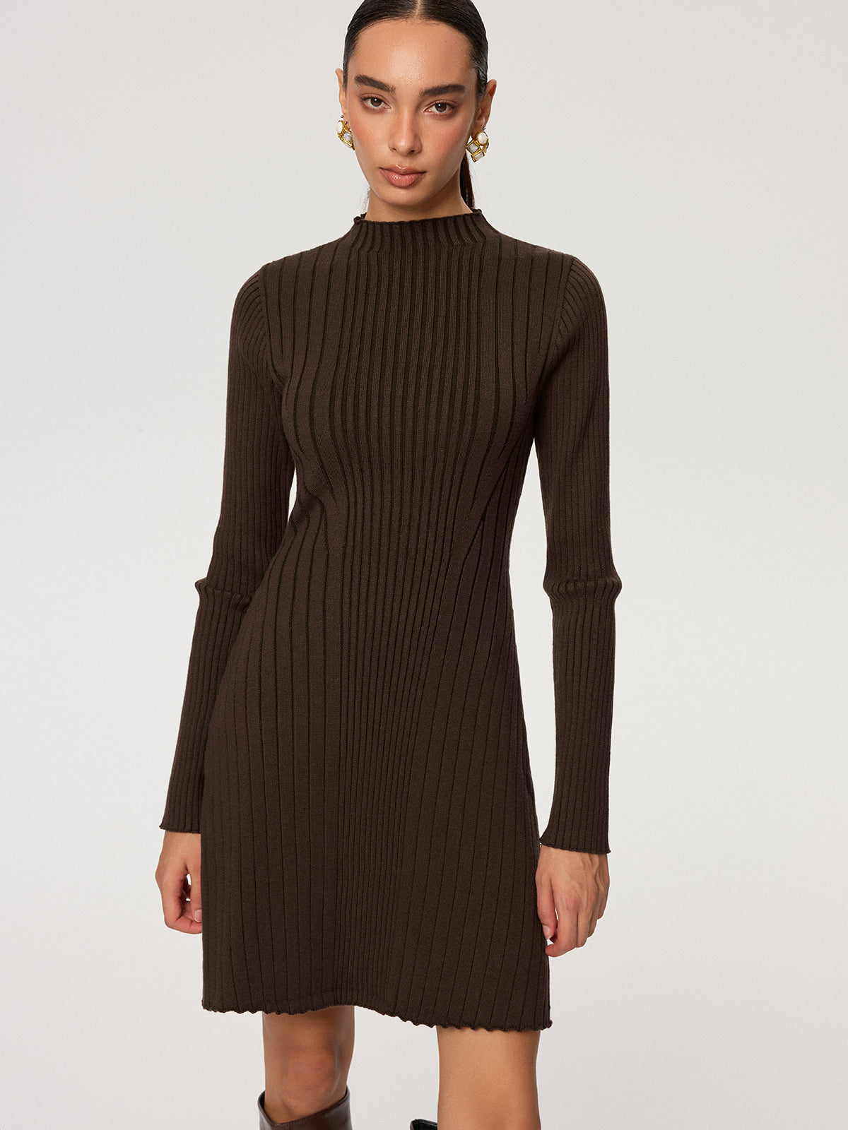 Ribbed Mock Neck Long Sleeve Knit Dress For Women Winter Comfort