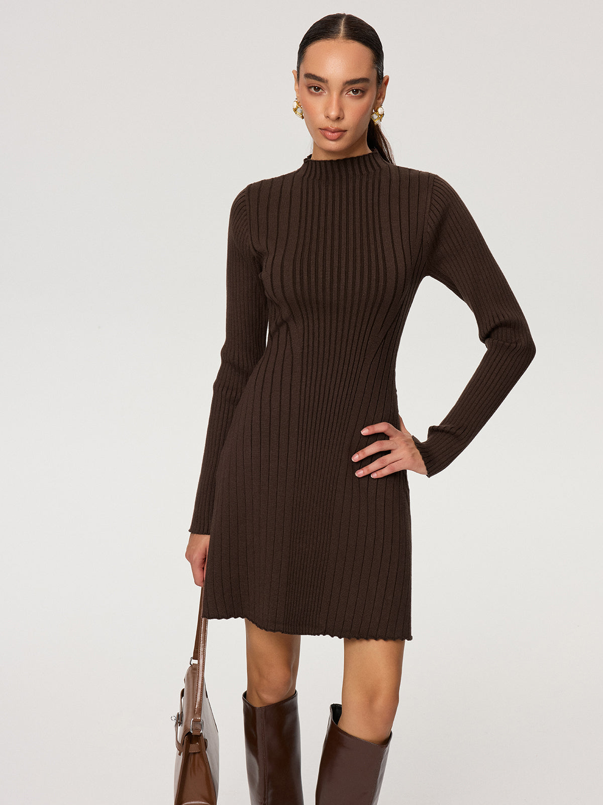 Ribbed Mock Neck Long Sleeve Knit Dress For Women Winter Comfort