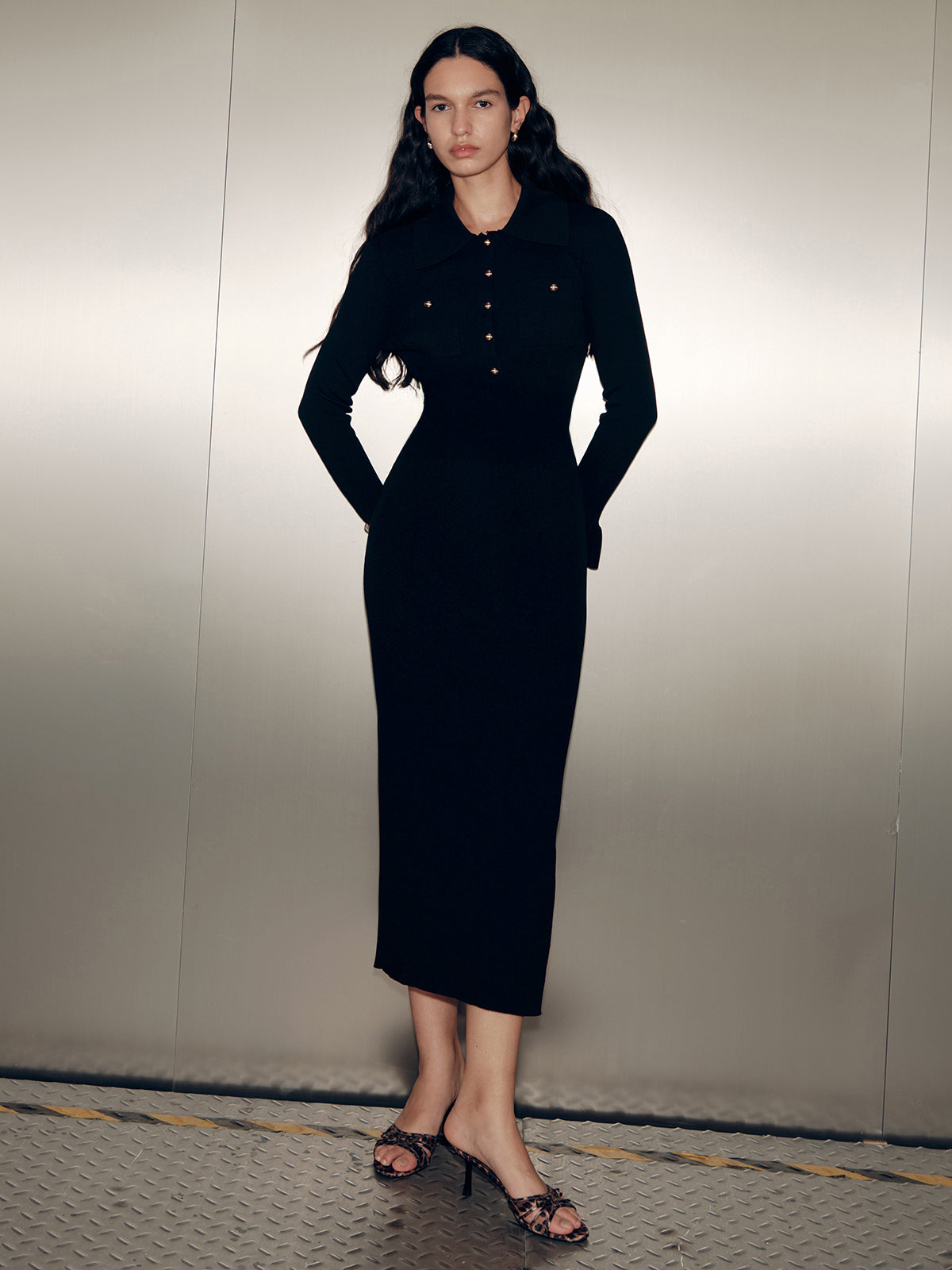 Collared Long Sleeve Maxi Dress with Button Detailing and Waist Tie