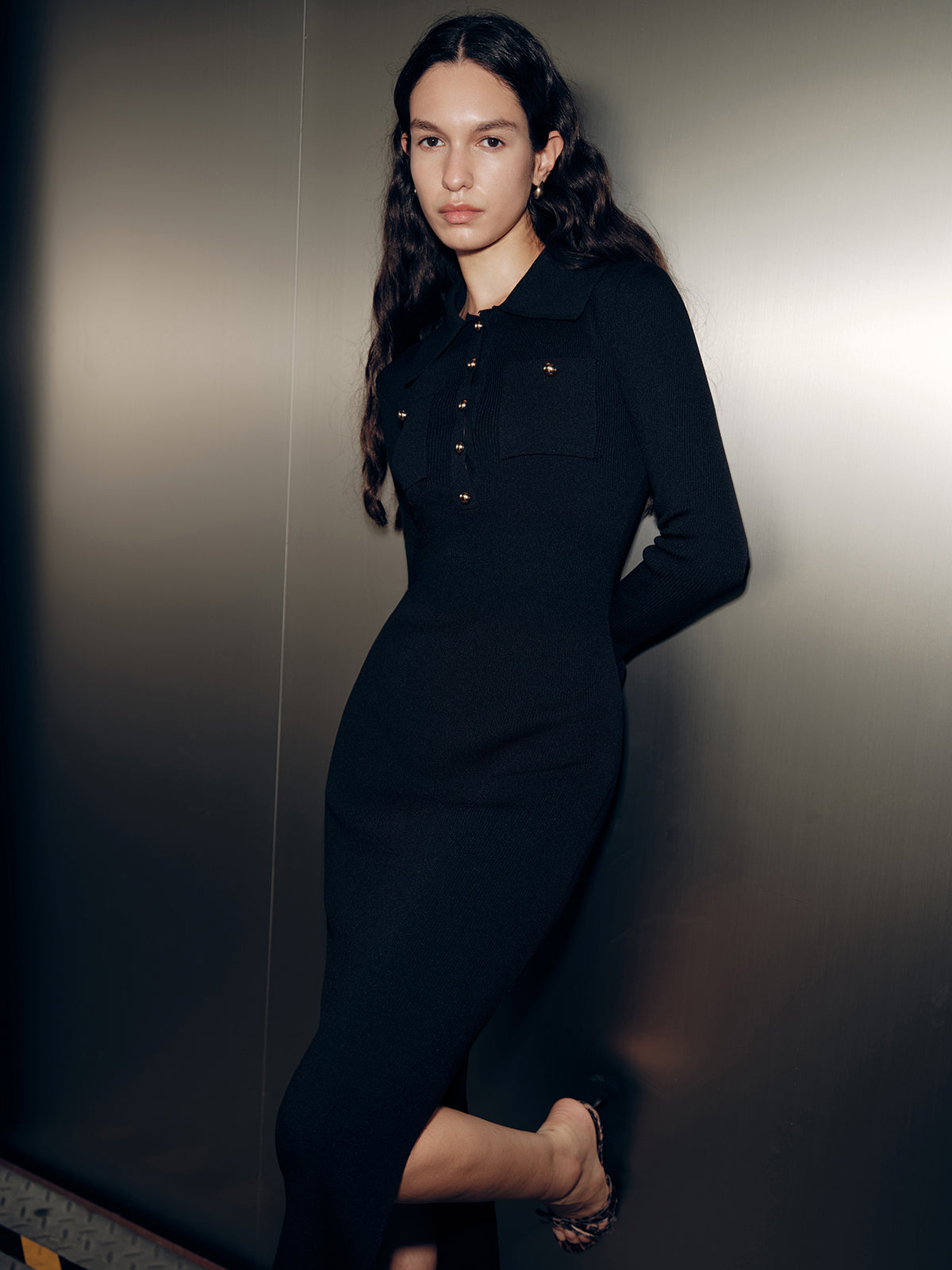 Collared Long Sleeve Maxi Dress with Button Detailing and Waist Tie