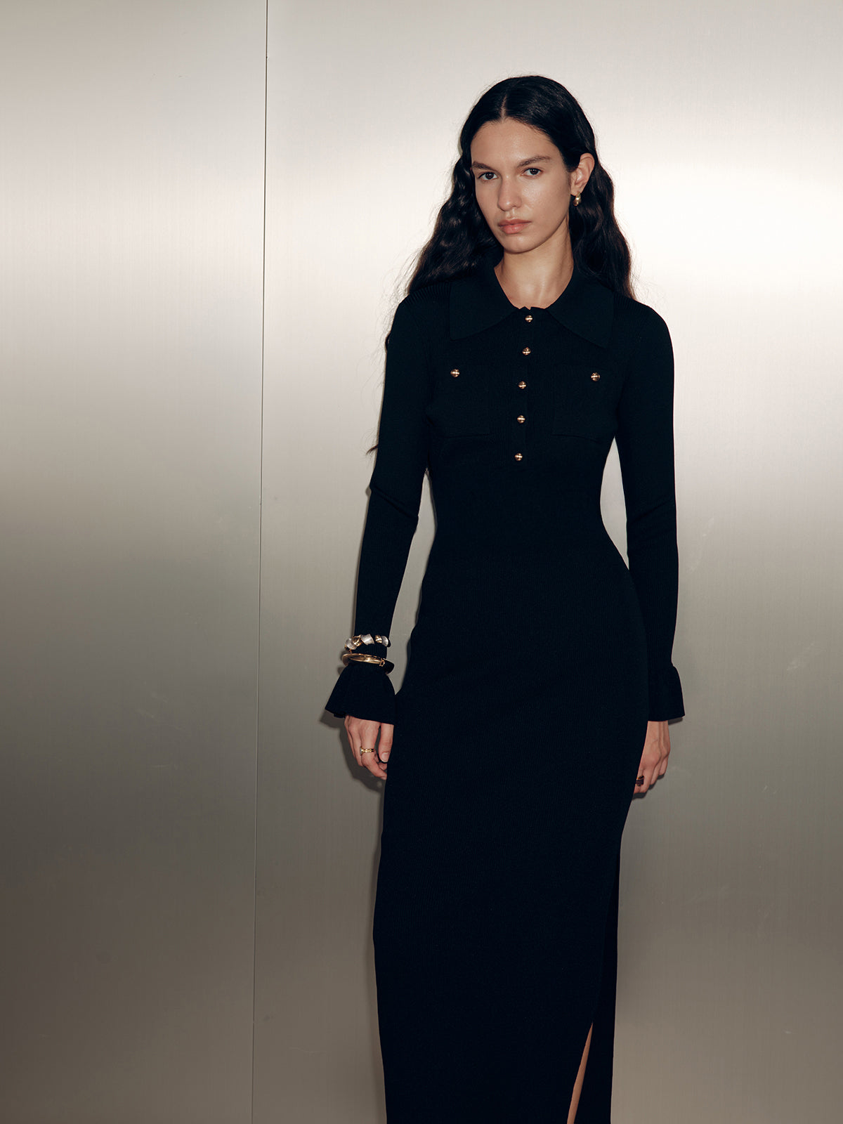 Collared Long Sleeve Maxi Dress with Button Detailing and Waist Tie
