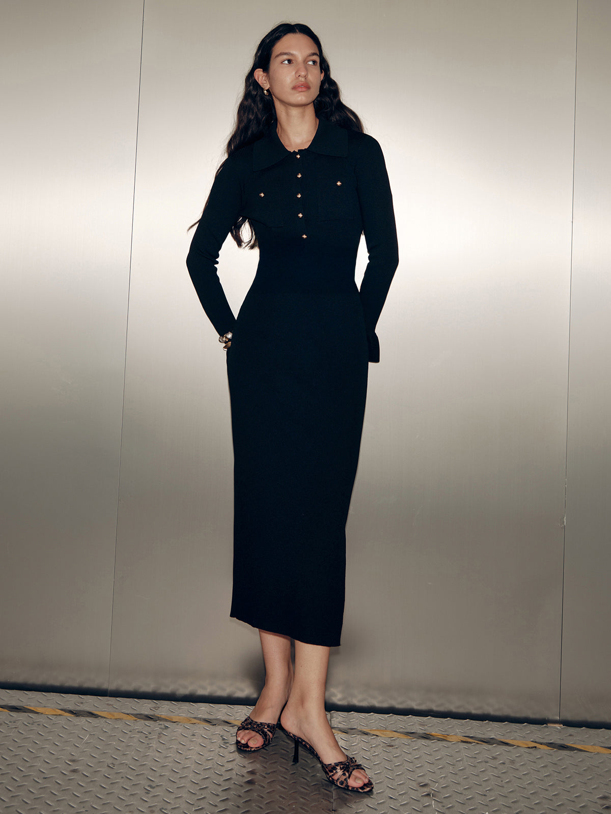 Collared Long Sleeve Maxi Dress with Button Detailing and Waist Tie