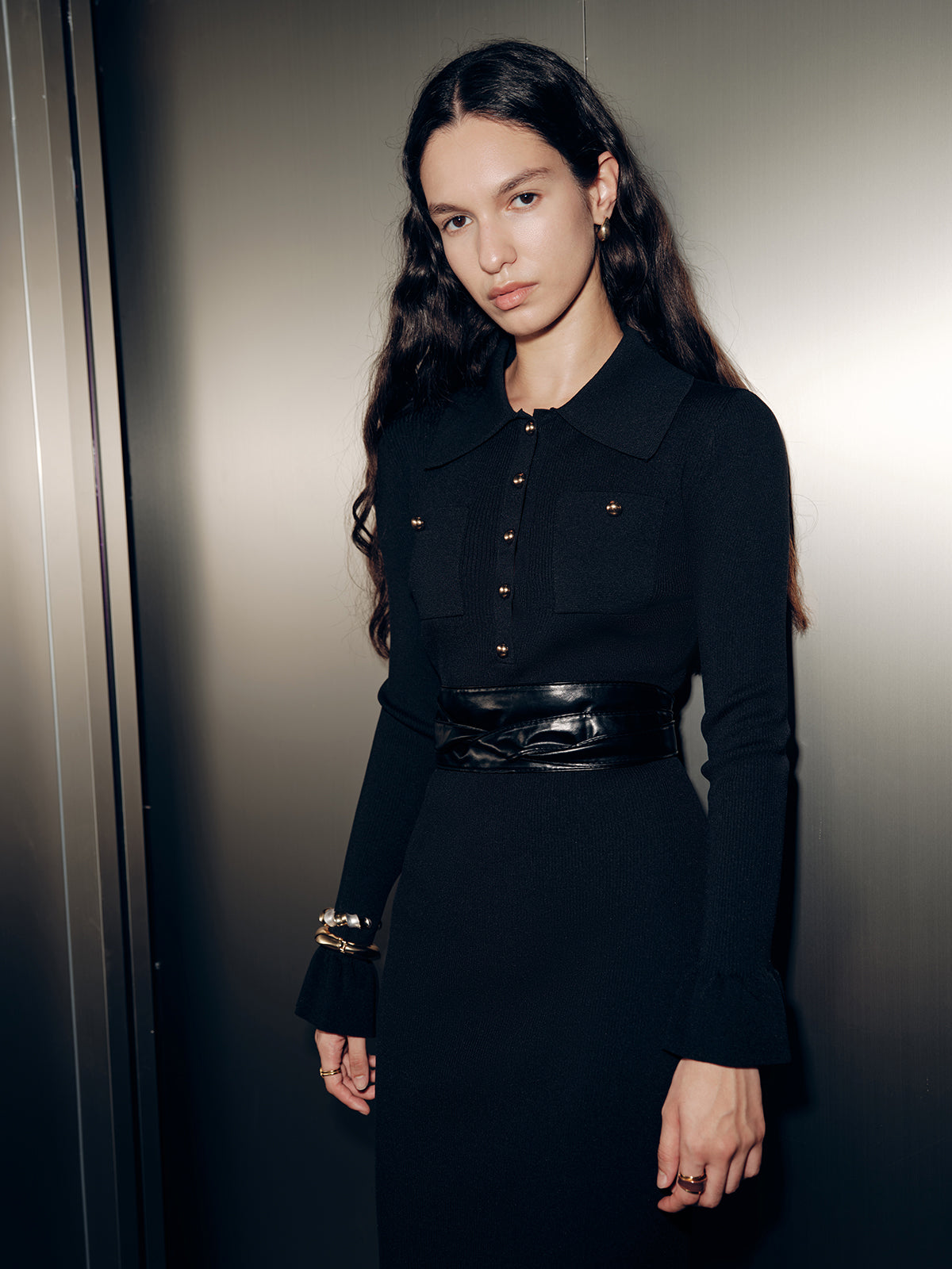 Collared Long Sleeve Maxi Dress with Button Detailing and Waist Tie