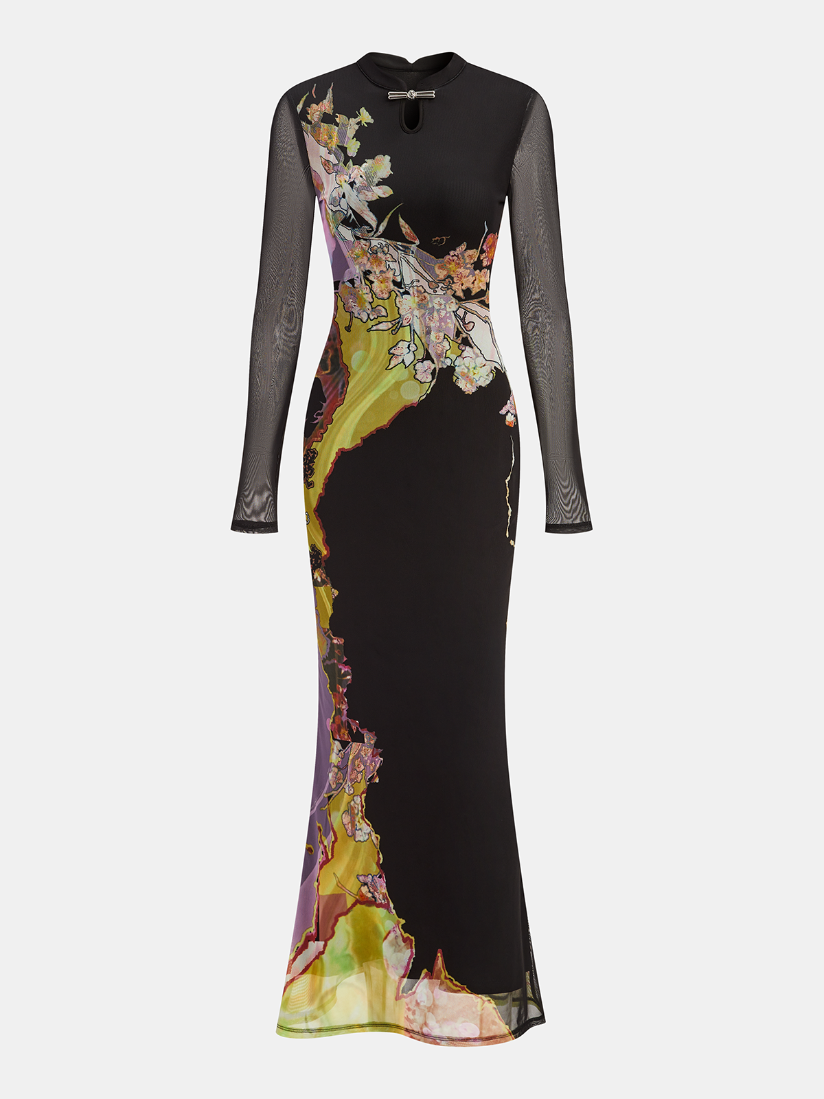 Mesh Long Sleeve Floral Print Maxi Dress for Women Casual Wear