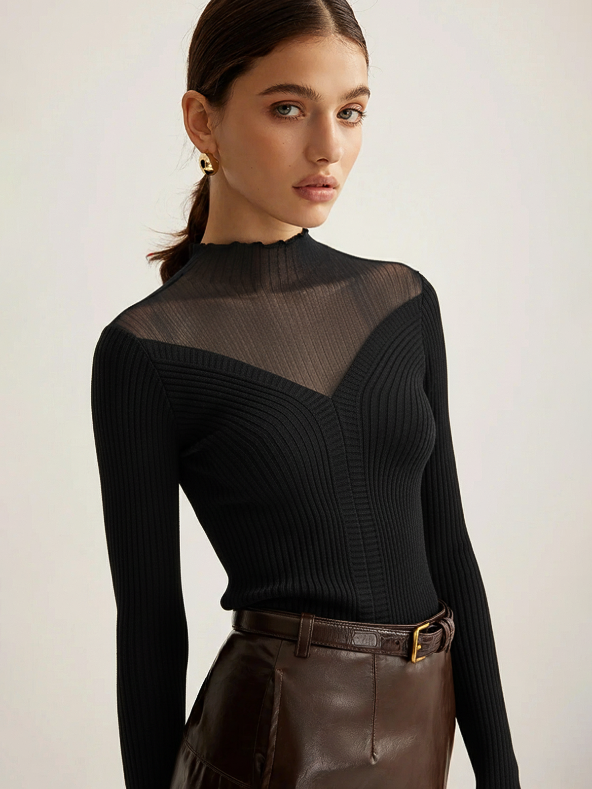 Mesh Panel Wool Blend Mock Neck Top - Winter Essential, Long Sleeve, Soft Fabric
