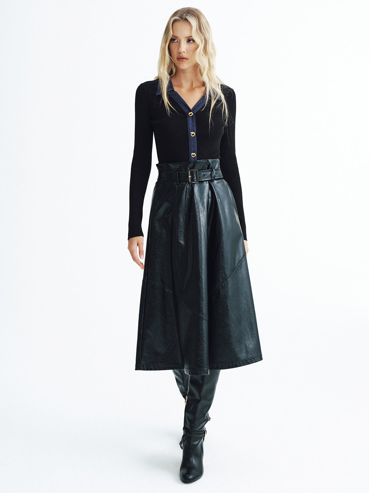 Denim Panel Ribbed Knit Cardigan with Button Closure