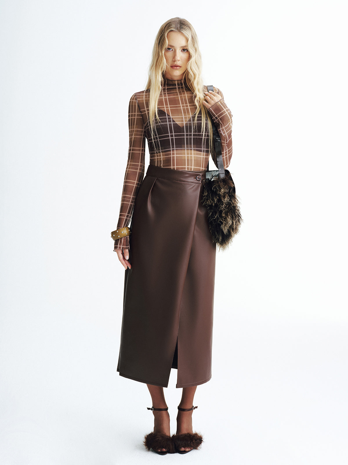 Plaid Mesh Turtleneck Blouse Long Sleeve Sheer Top