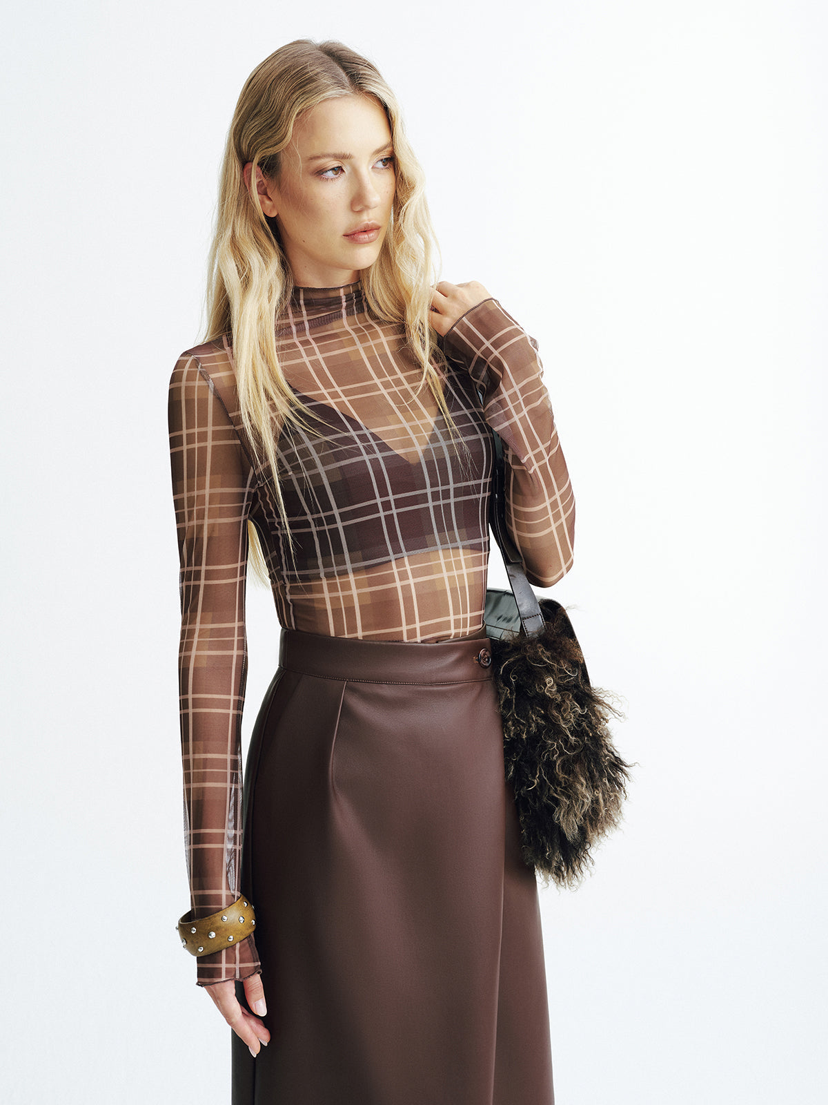 Plaid Mesh Turtleneck Blouse Long Sleeve Sheer Top