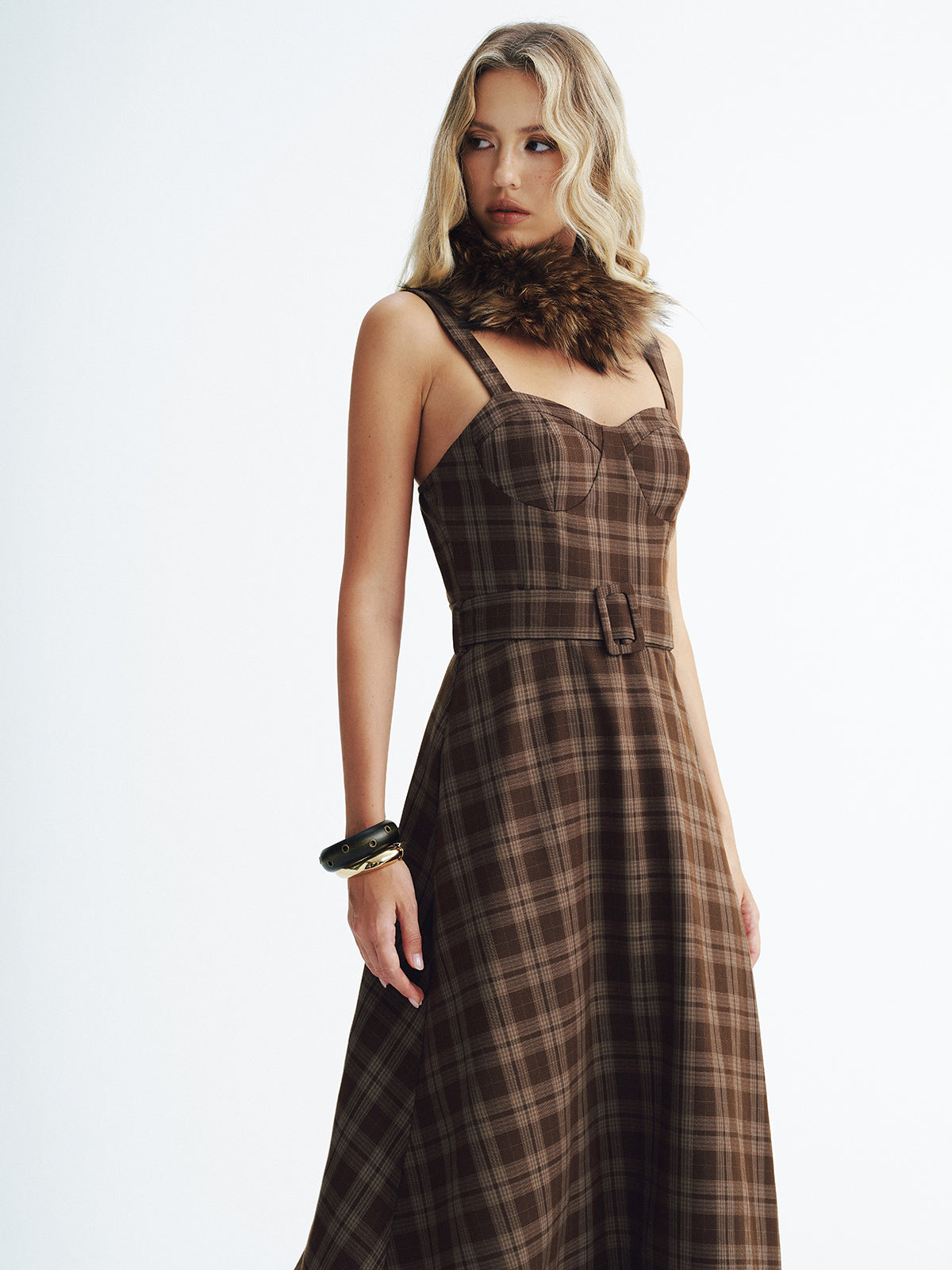 Belted Plaid Strappy Maxi Dress with Adjustable Straps