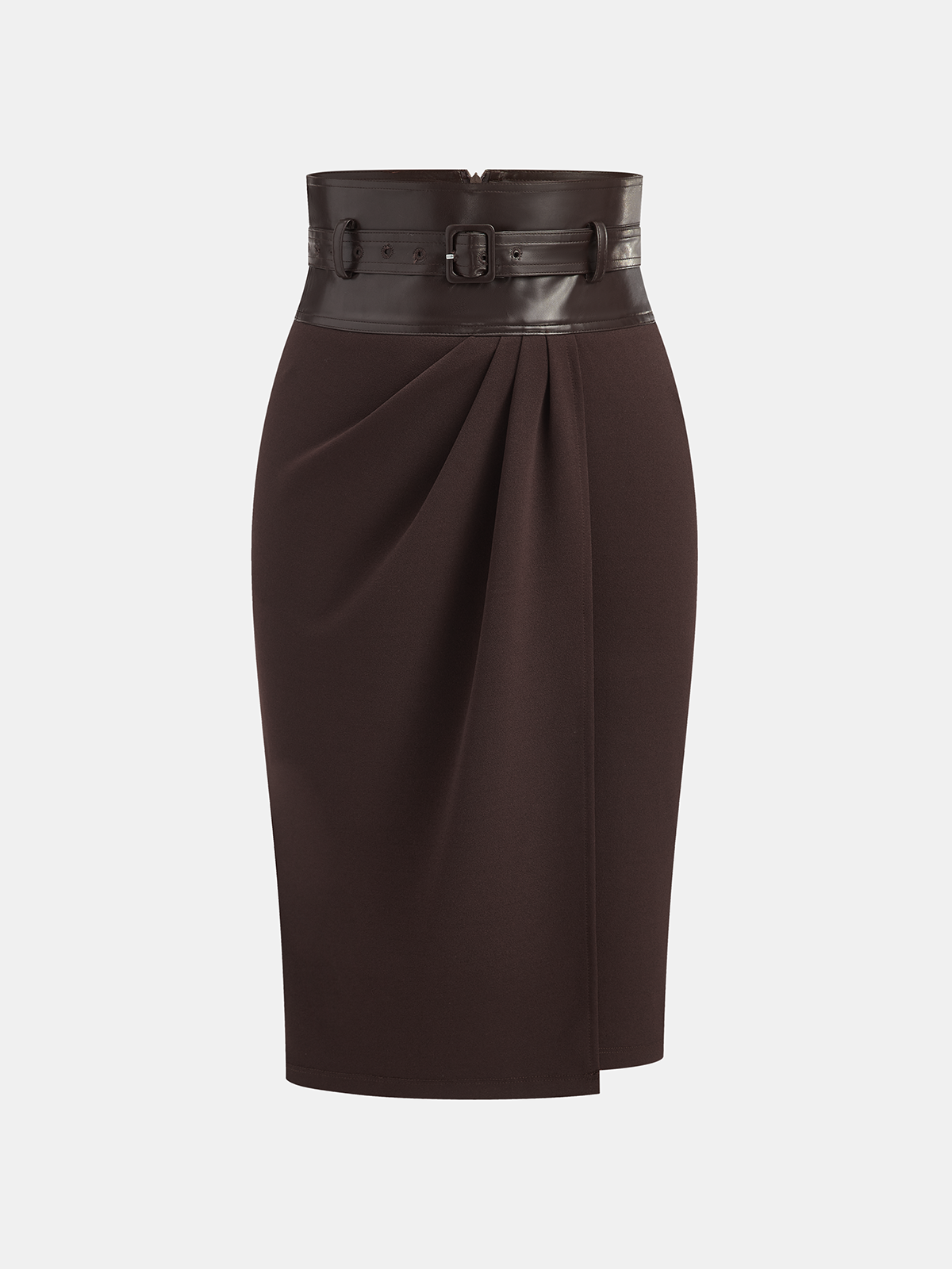 Faux Leather Panel Midi Skirt with Belt, High-Waisted Elegant Design