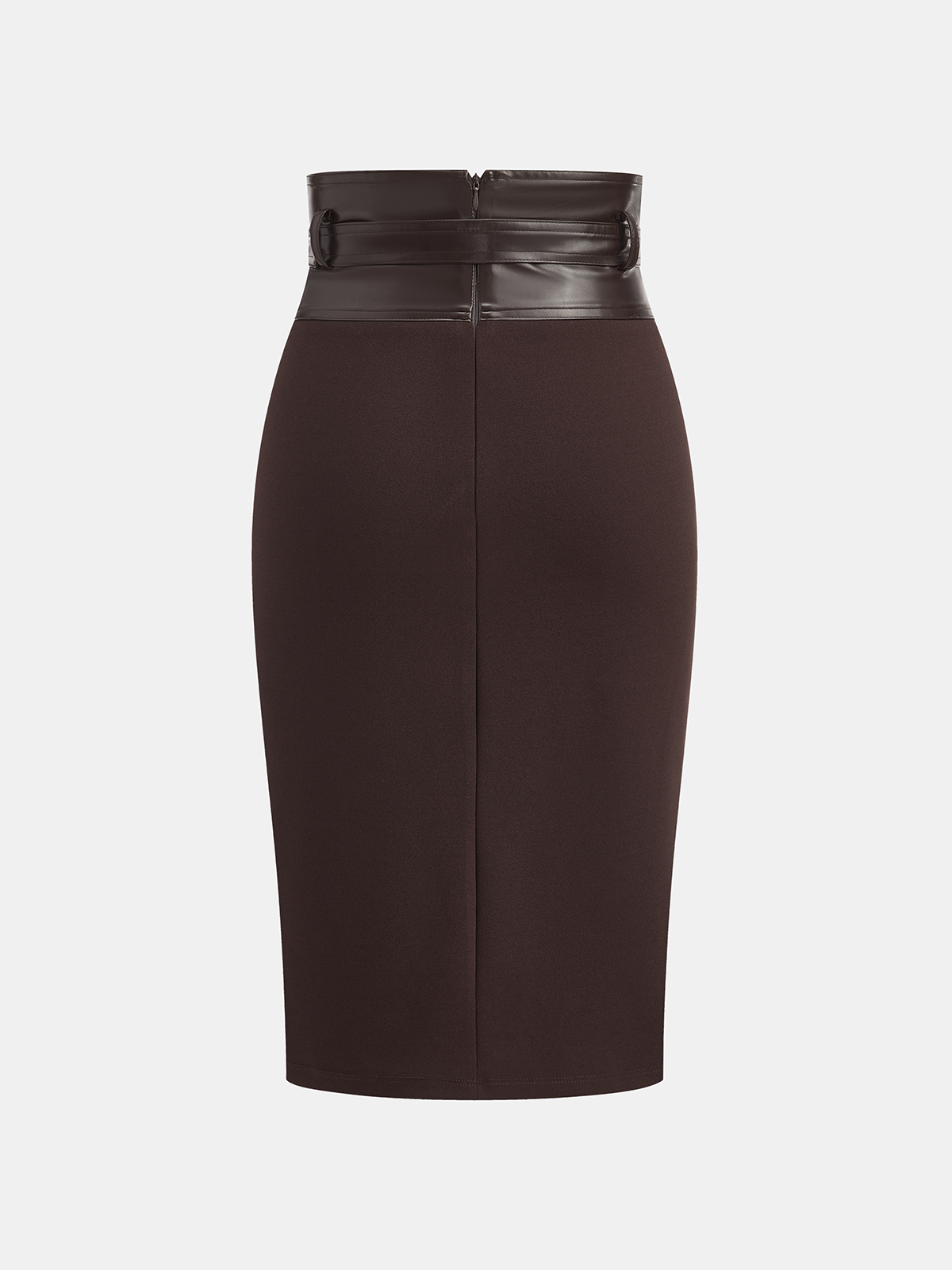 Faux Leather Panel Midi Skirt with Belt, High-Waisted Elegant Design