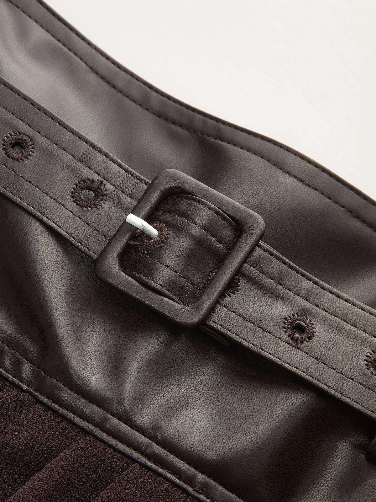 Faux Leather Panel Midi Skirt with Belt, High-Waisted Elegant Design
