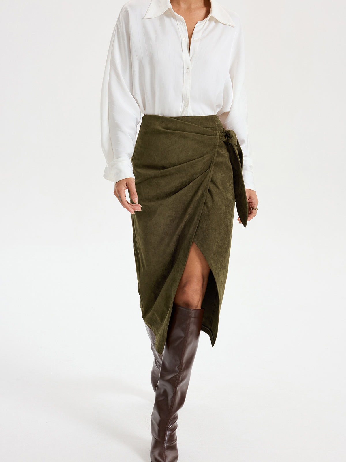 Tie Knot Suede Effect Midi Skirt for Women Casual Chic