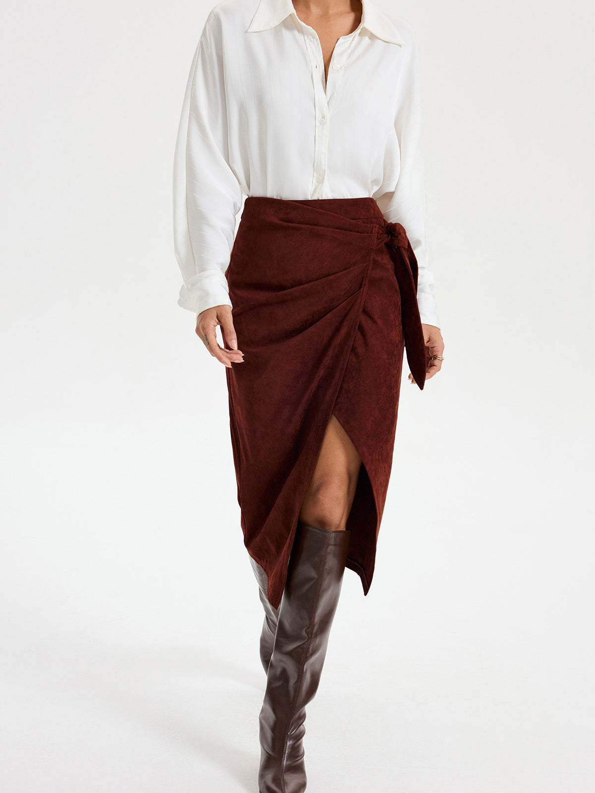 Tie Knot Suede Effect Midi Skirt for Women Casual Chic