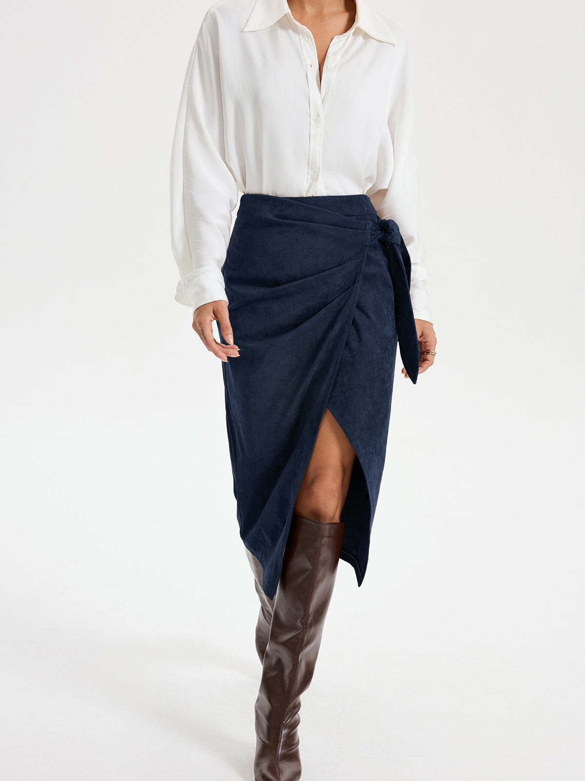 Tie Knot Suede Effect Midi Skirt for Women Casual Chic