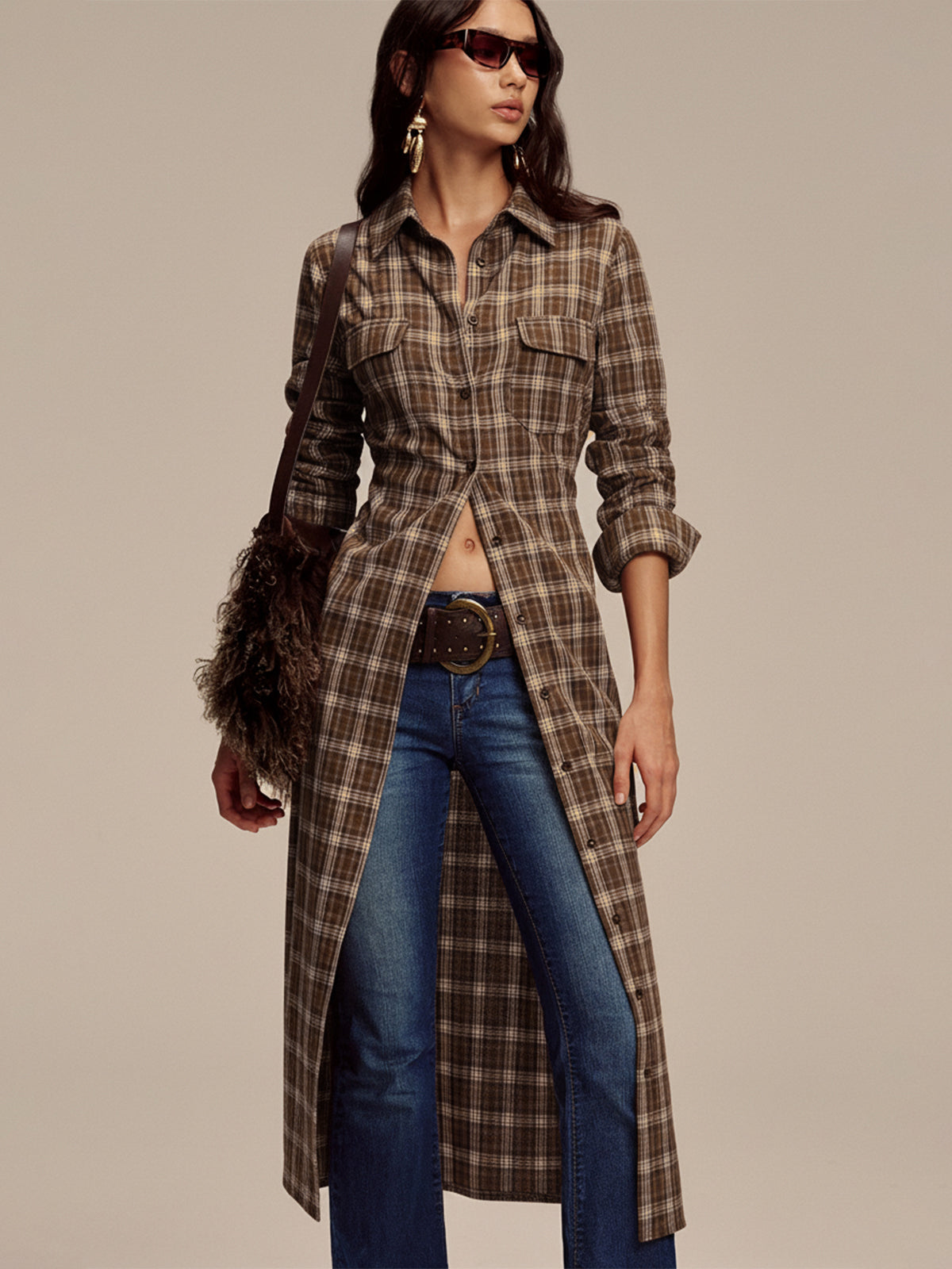 Plaid Button Front Shirt Dress with Waist Tie