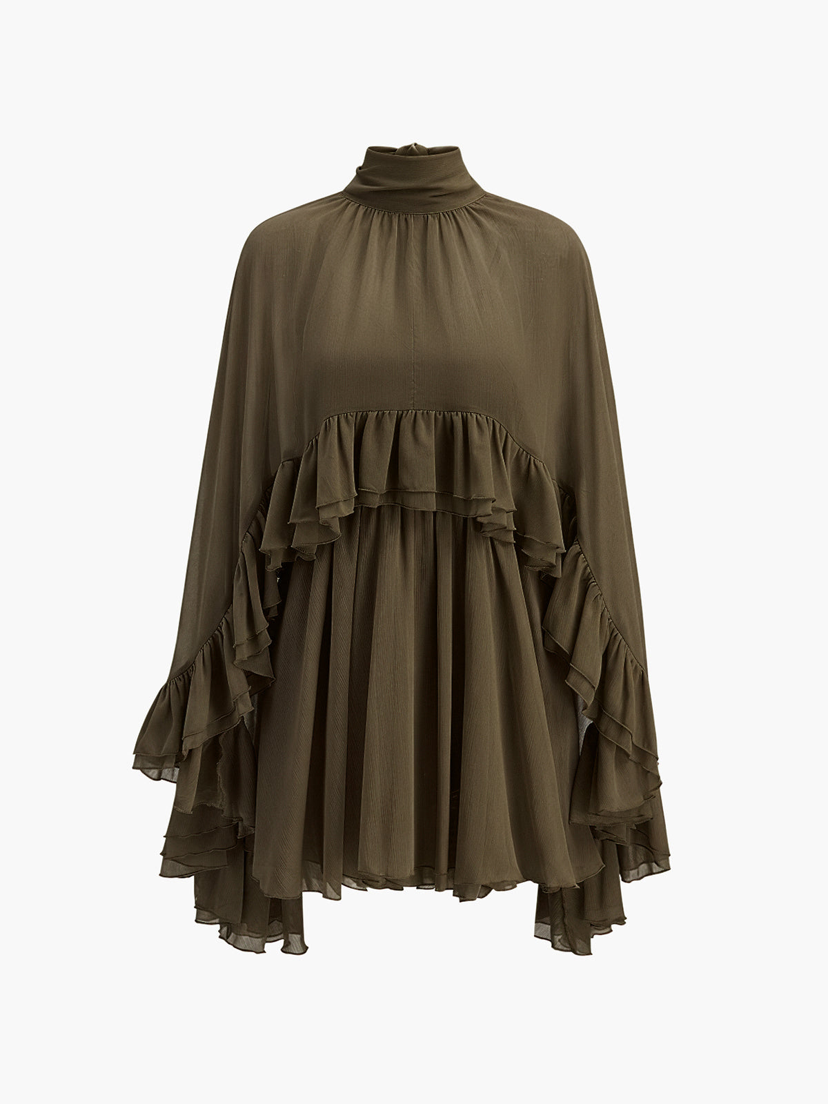 Semi-Sheer Chiffon Ruffle Dress With Flowing Outer Cape Elegant Layers