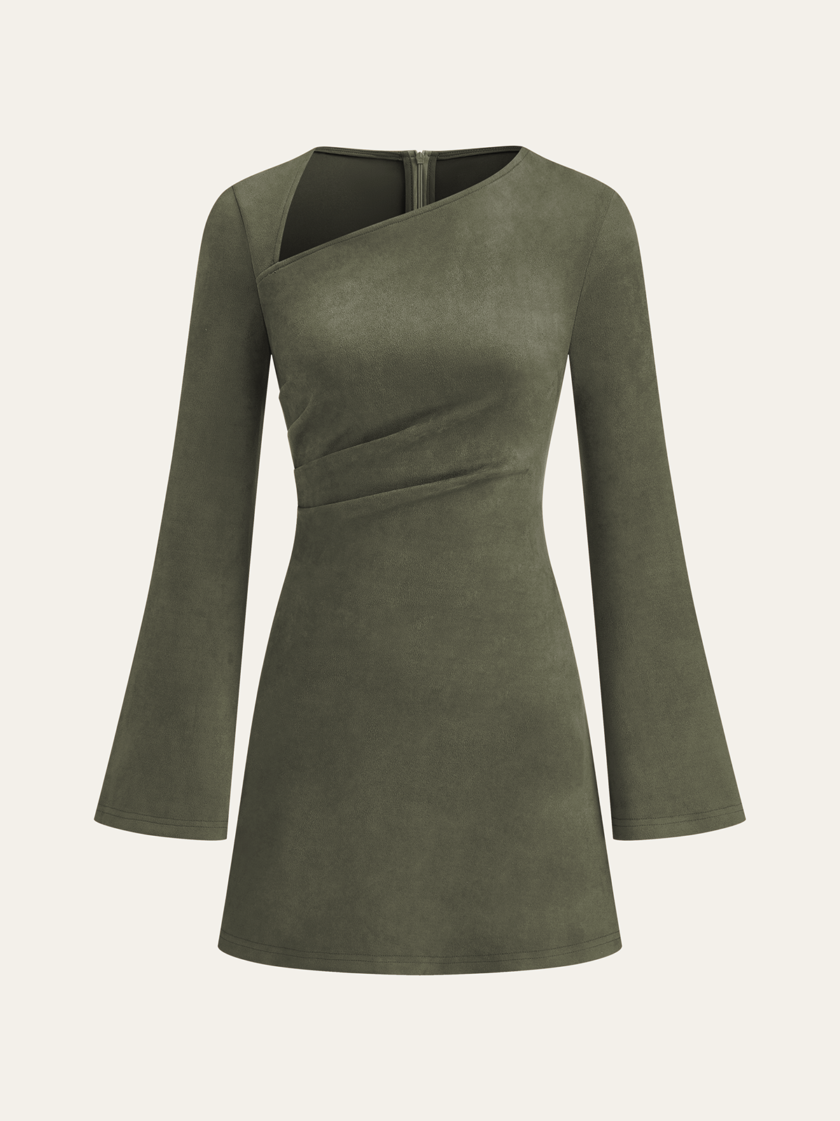 Asymmetrical Ruched Long Sleeve Suede Effect Mini Dress for Women Casual Party Wear