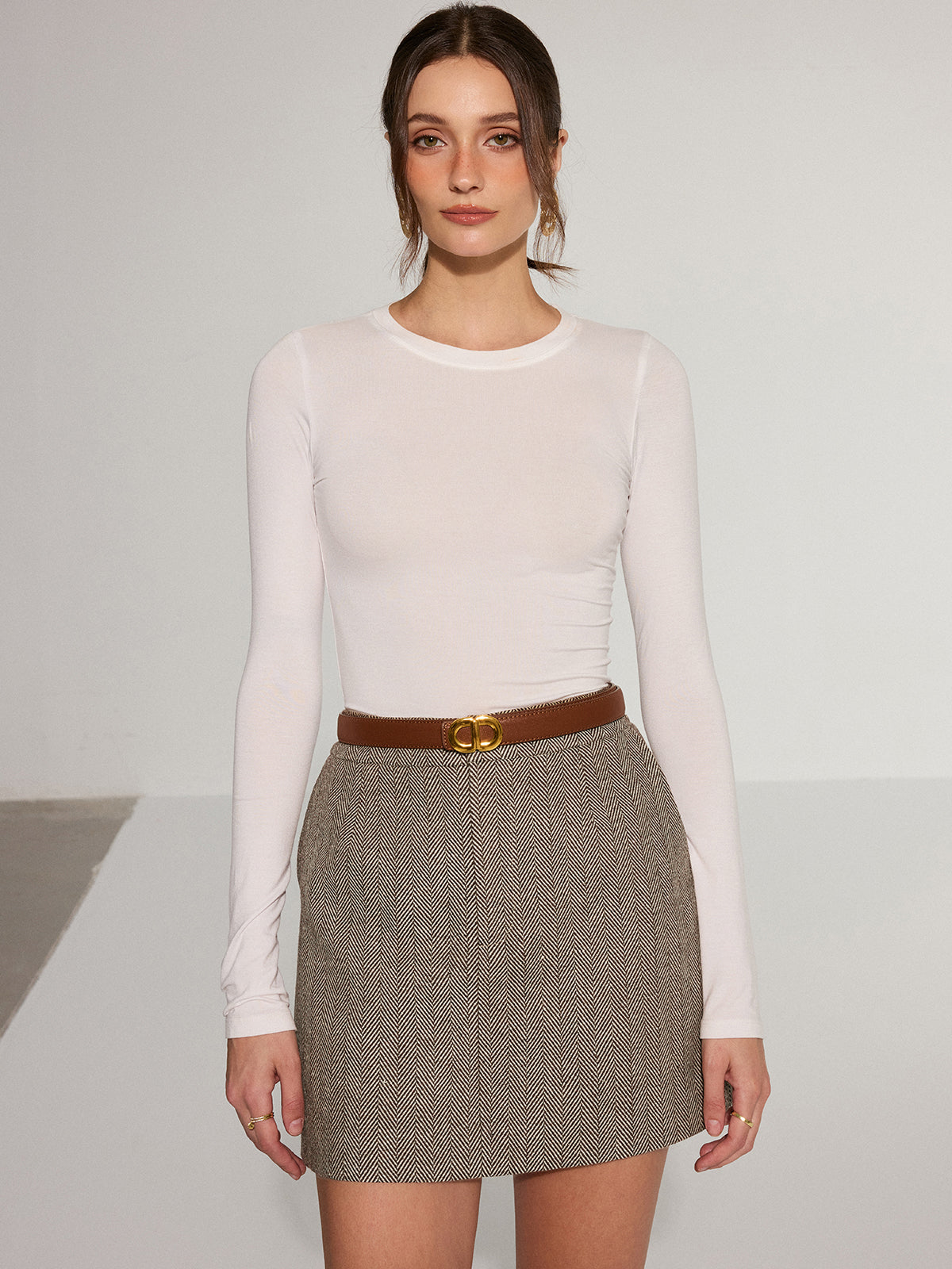 Herringbone Mini Skirt without Belt High-Waisted Wool Blend