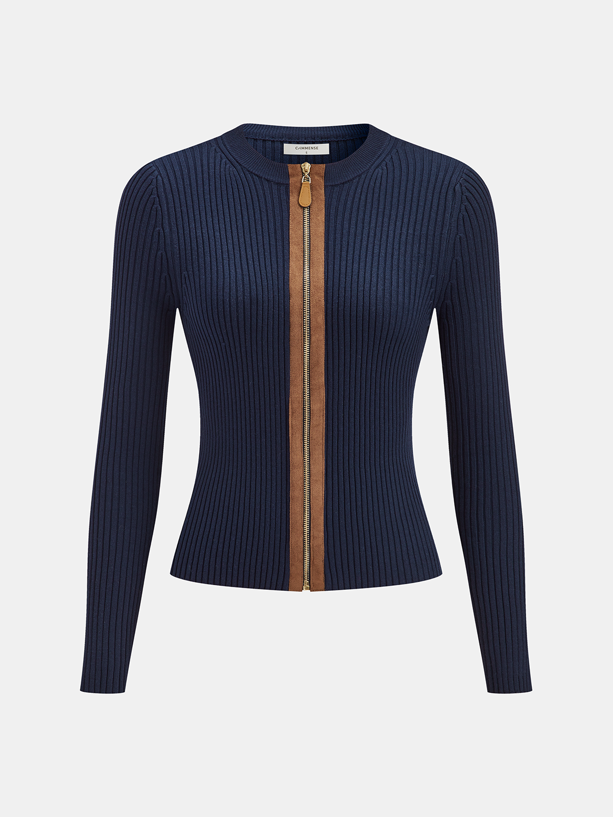 Zip-Front Suede Panel Ribbed Knit Top for Women Casual Wear