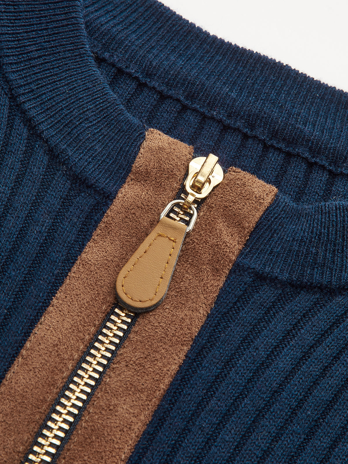Zip-Front Suede Panel Ribbed Knit Top for Women Casual Wear