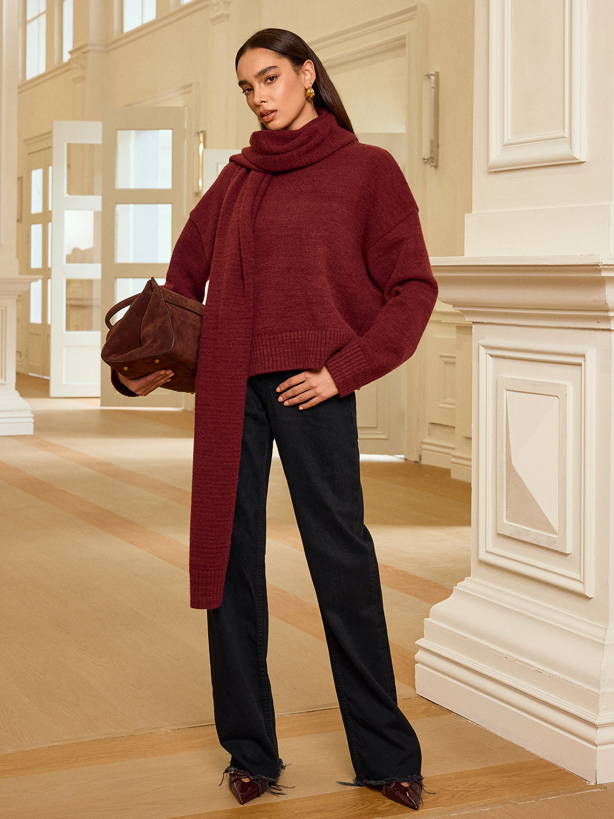 Oversized Knit Sweater with Scarf for Cozy Winter Layering