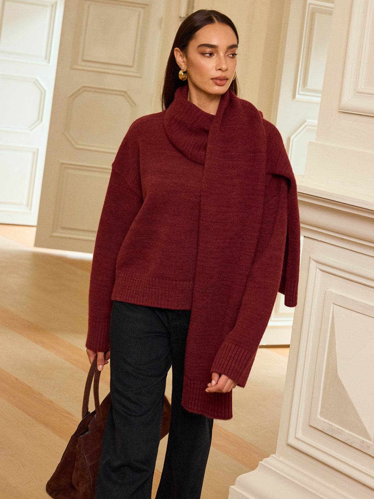 Oversized Knit Sweater with Scarf for Cozy Winter Layering