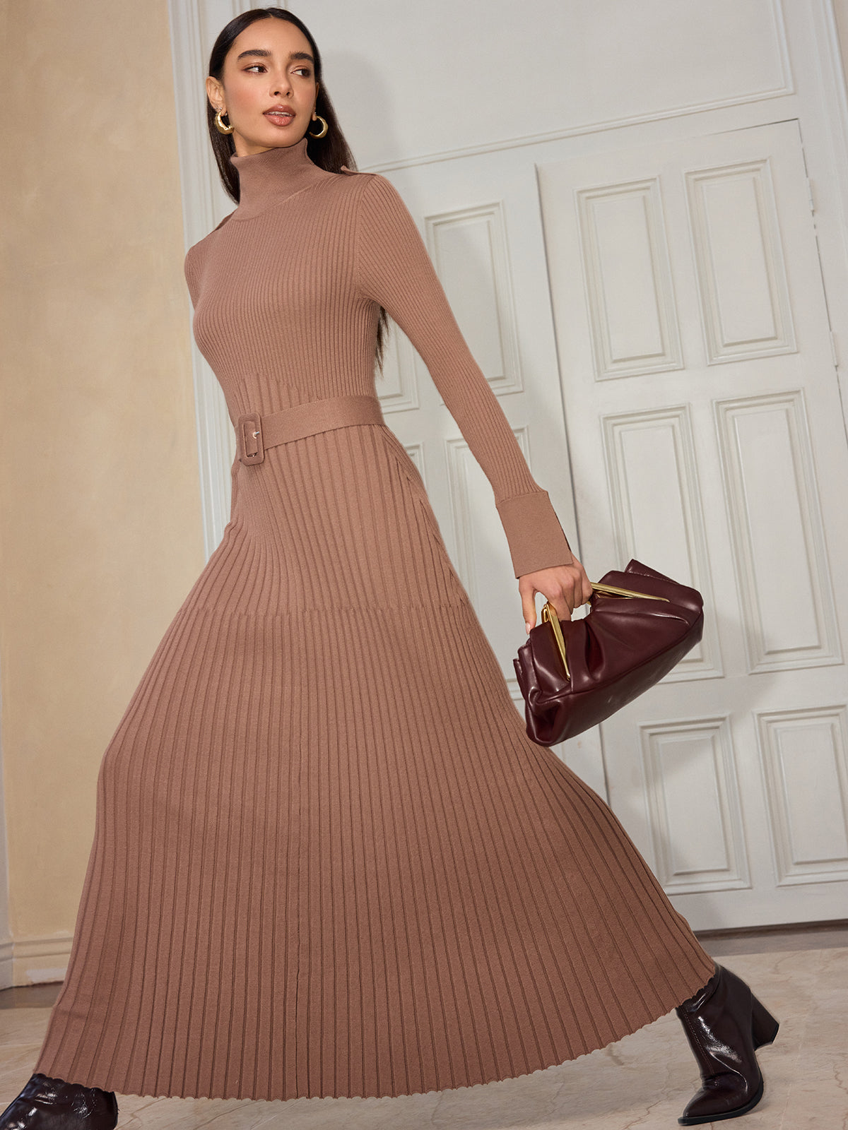 Belted Flared Cuff Turtleneck Maxi Dress for Women Winter Fashion
